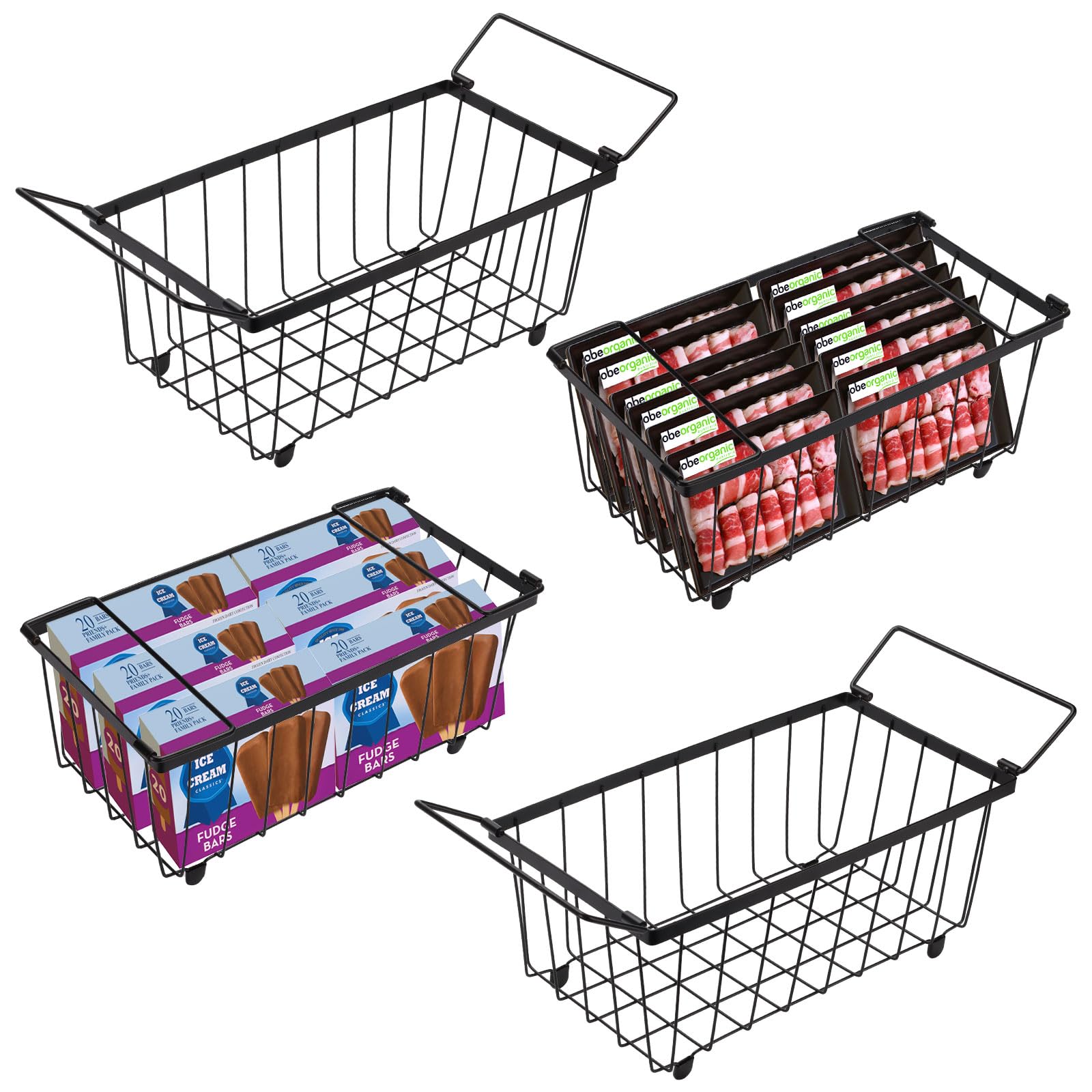 4 Pack Stackable Freezer Organizer Bins - Metal Wire Storage Baskets with Handles for 5 & 7 Cu.FT Chest Freezers - Pantry & Deep Freezer Organization - Perfect for Frozen Food Storage & Kitchen Organization