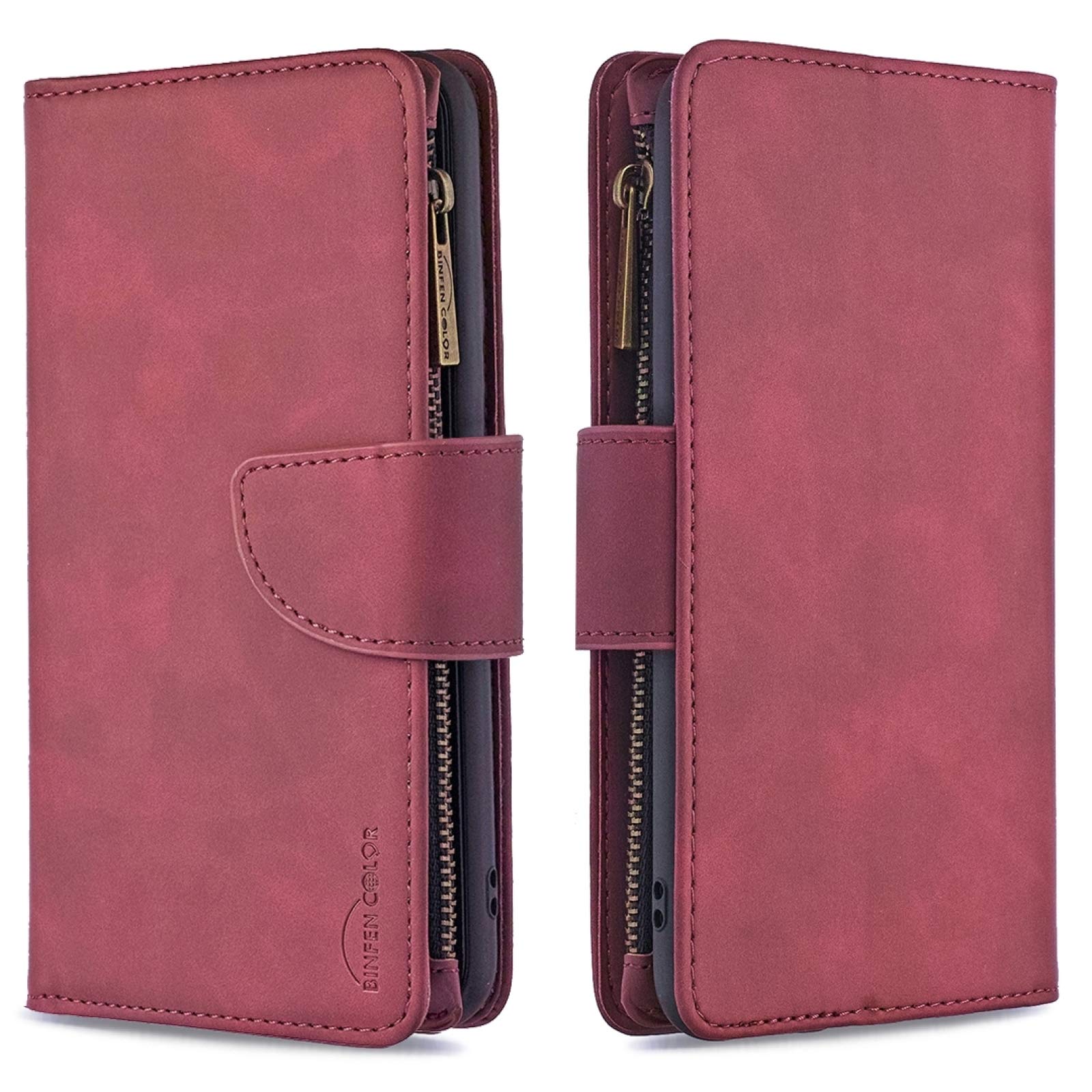 Samsung Galaxy A40 Magnetic PU Leather Case - Detachable Zipper Flip Cover with Card Slots, Wallet, Photo Frame & Lanyard | Eco-Friendly Red Phone Case for Daily Use & Travel Protection