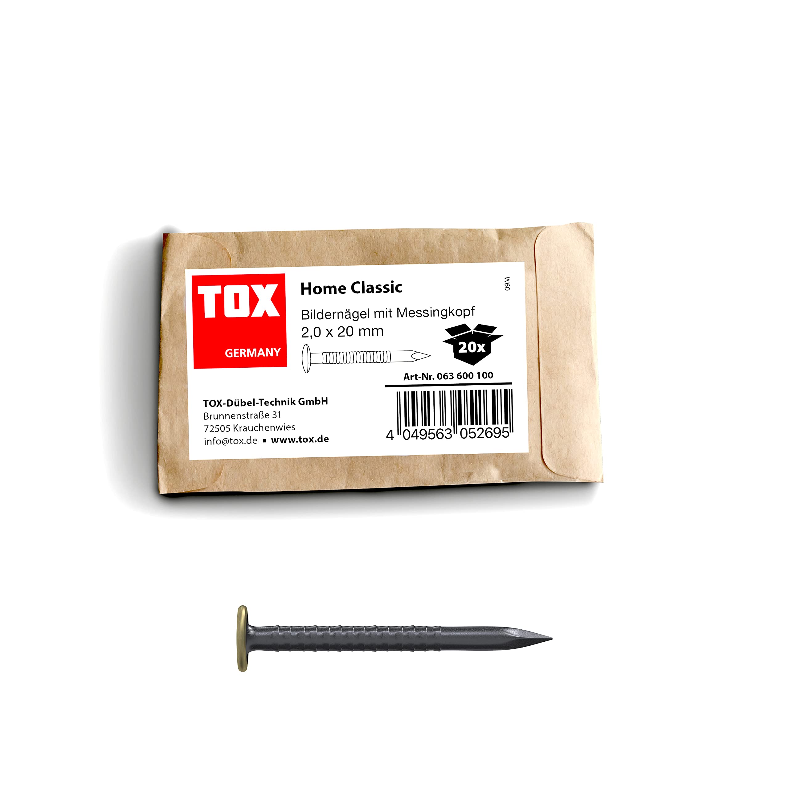 TOX Home Classic Picture Nails 2x20mm - Hardened Steel with Brass Head - Universal Picture Hanging Nails for Wood, Drywall, Concrete & All Building Materials - Pack of 20 (063600100) - Perfect for Hanging Photos, Frames, Mirrors & Wall Decor