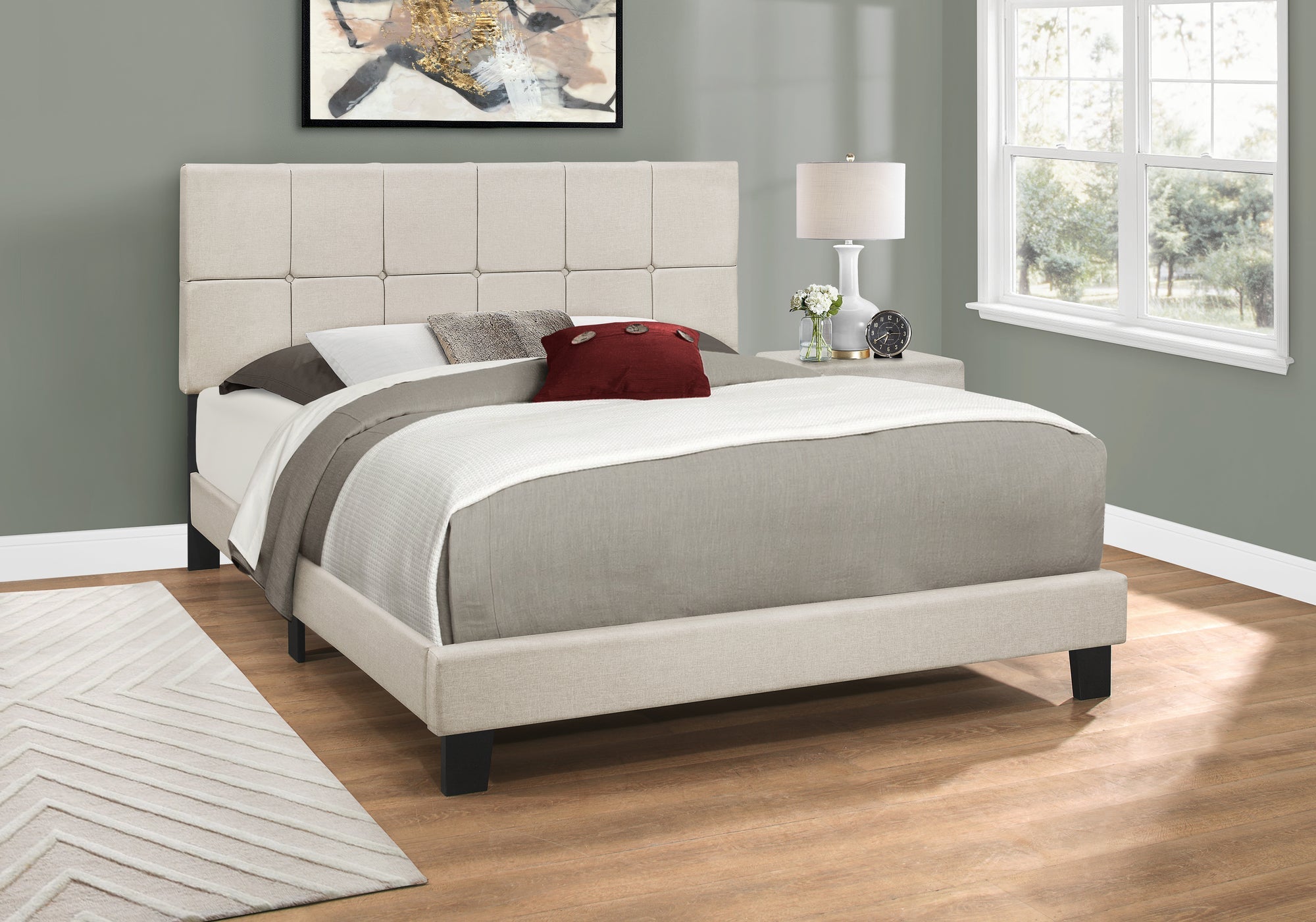 Queen Size Beige Linen Bed Frame - Modern Platform Bed with Upholstered Headboard for Master Bedroom & Guest Room