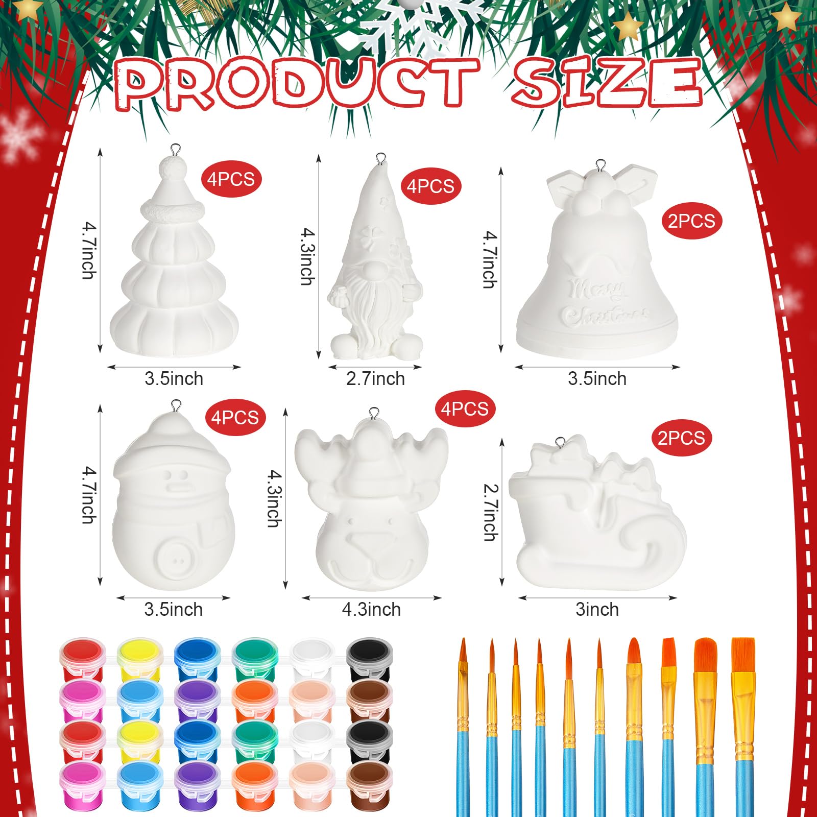 Syhood 20-Piece 3D Ready-to-Paint Ceramic Christmas Ornaments Kit - DIY Ceramic Painting Craft Set with 4 Acrylic Paints & 10 Brushes - Holiday Decorations for Adults (6 Styles) - Perfect for Christmas Tree Decor, Gift Making & Family Craft Activities