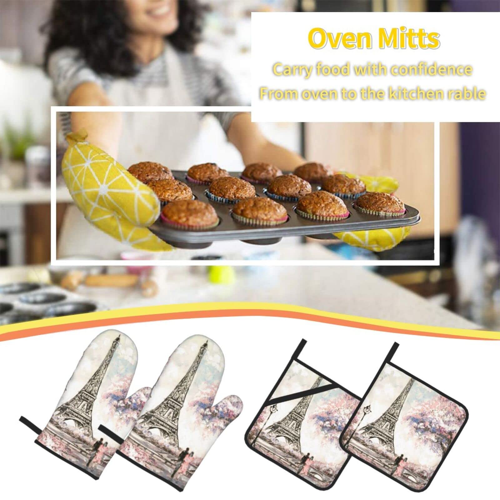 Paris Eiffel Tower Oven Mitts & Pot Holders Set of 4 - Heat Resistant Kitchen Gloves for Cooking, Baking, Grilling & BBQ - Perfect for French-Themed Kitchens & Gift Giving