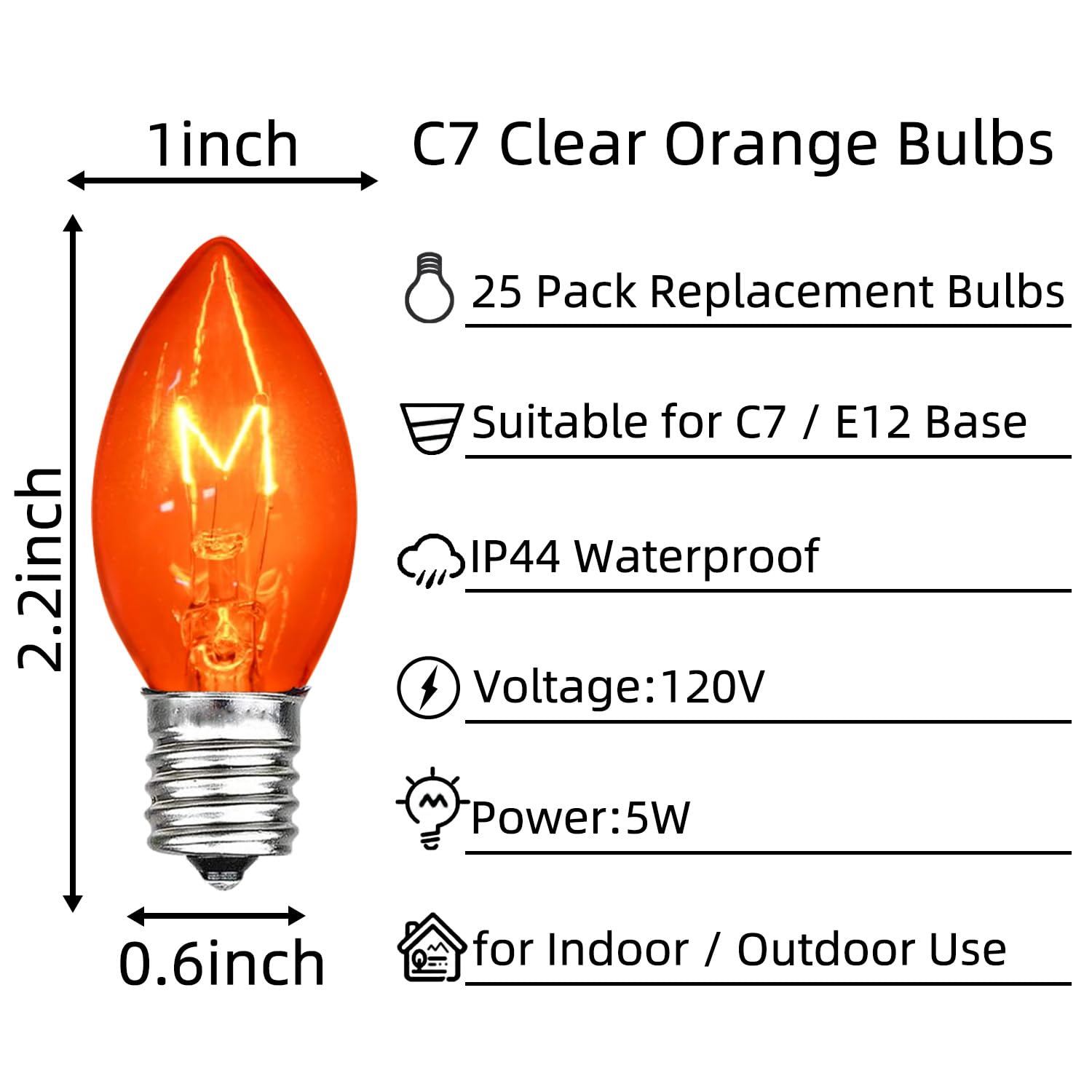 25 Pack C7 Orange Light Bulbs - Clear E12 Incandescent 5W Night Light Bulbs for Halloween Decor, Home Party, Christmas Tree, Candles & Chandeliers - Perfect for String Lights Replacement & Spooky Atmosphere Lighting