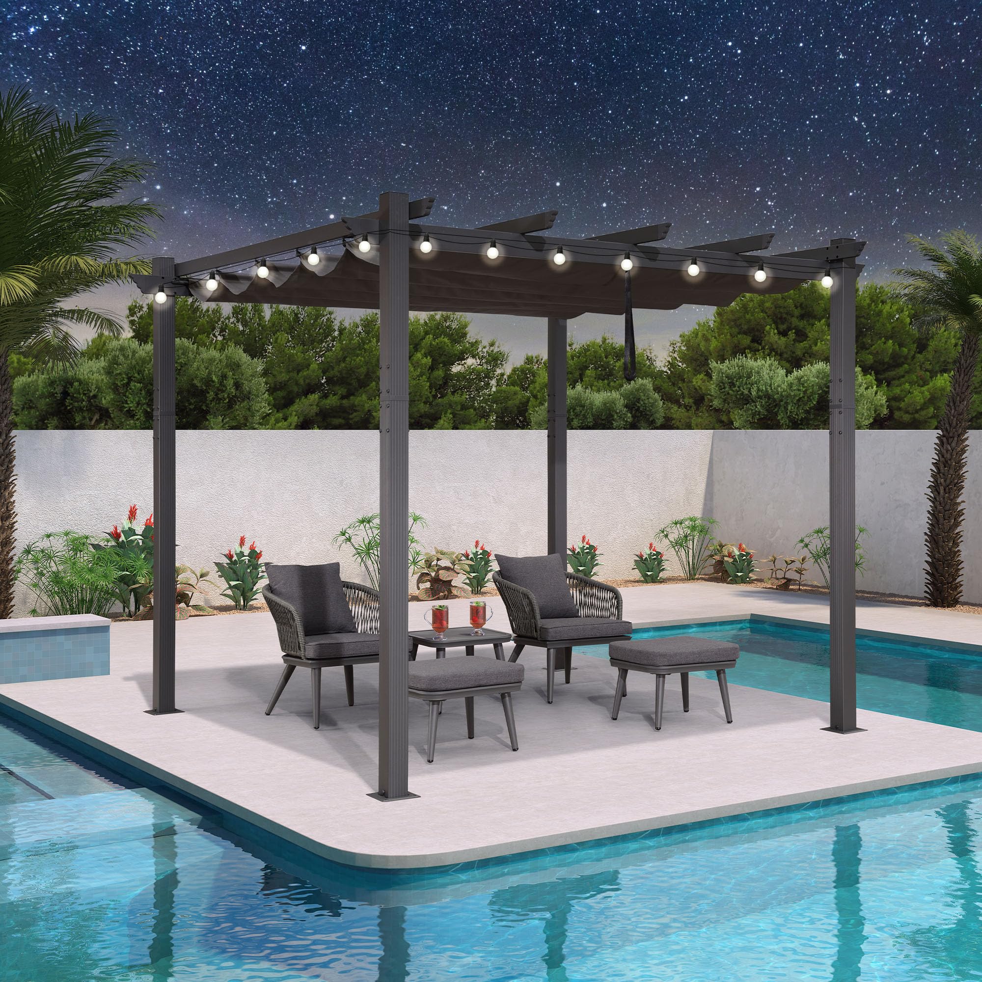 PURPLE LEAF 10' X 10' Retractable Pergola with Sun Shade Canopy - Outdoor Metal Shelter for Patio, Garden, Beach, Porch - Modern Gray Gazebo with Warm White LED String Lights - Perfect for Backyard Relaxation, Outdoor Dining & Entertaining