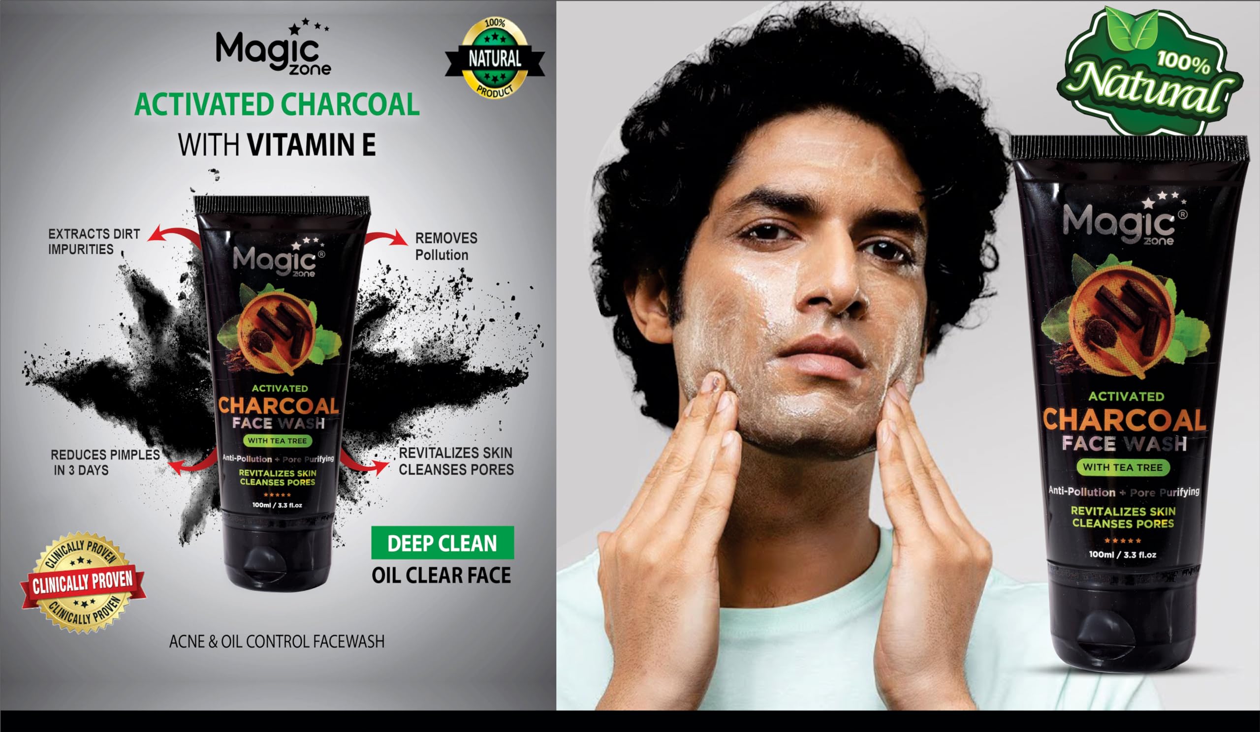 Magic Zone Activated Charcoal Face Wash 100ml - Deep Cleansing for Oily Skin, Reduces Pimples & Blackheads, Removes Dead Skin Cells, Cooling Freshness with Charcoal Beads for Instant Radiance | Perfect for Daily Skincare & Acne Treatment