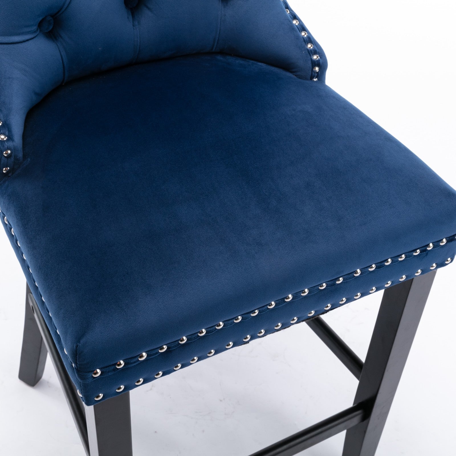 Modern Velvet Upholstered Bar Stools with Button Tufted Back & Wooden Legs - Chrome Nailhead Trim Accent - Set of 2 Blue Bar Chairs (SW2002BL) for Kitchen Island, Breakfast Nook & Home Bar Decor