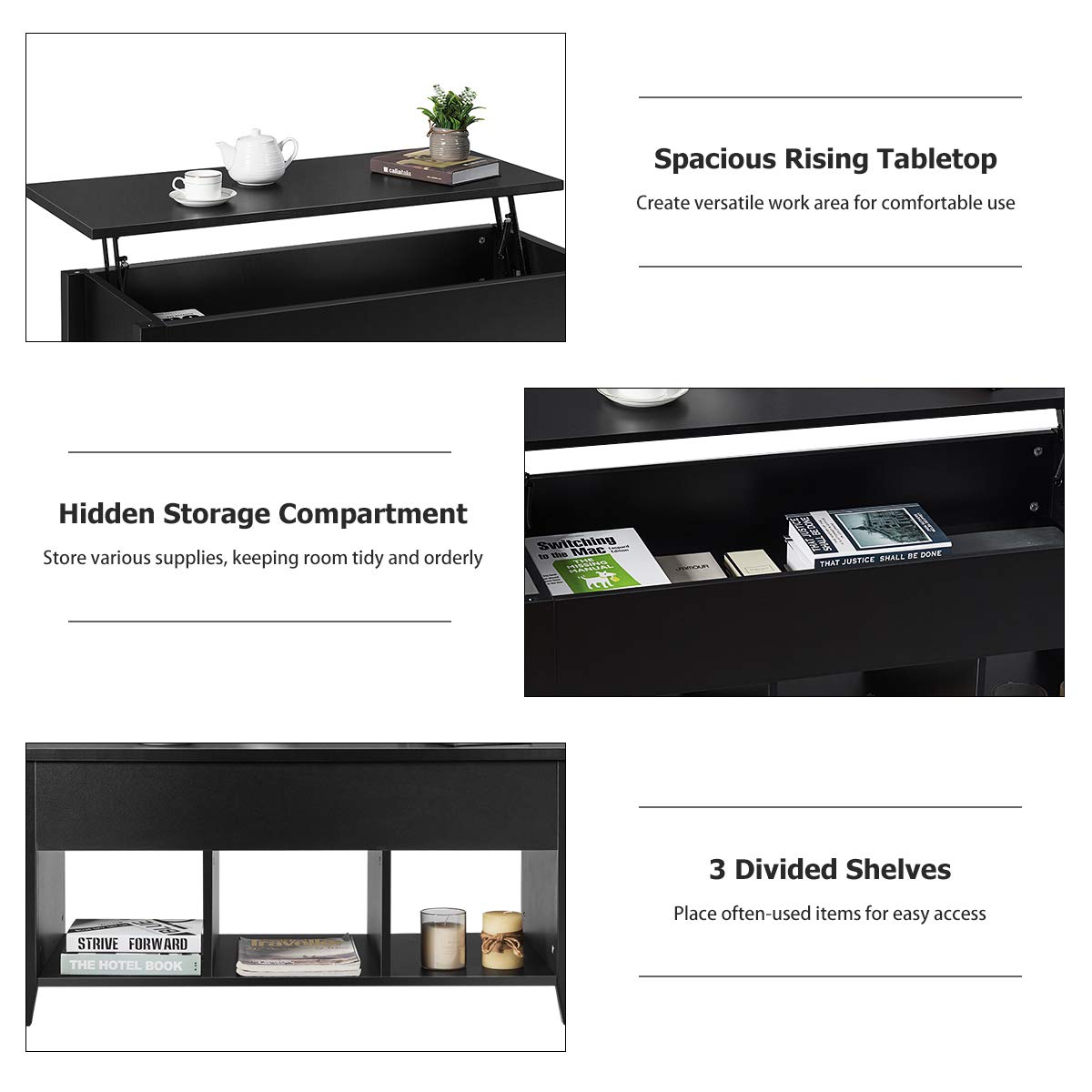 Lift Top Coffee Table with Hidden Storage - Modern Minimalist Wooden Coffee Table with 3 Open Cube Shelves for Living Room & Office - Perfect for Small Spaces, Home Decor & Organization (Black)