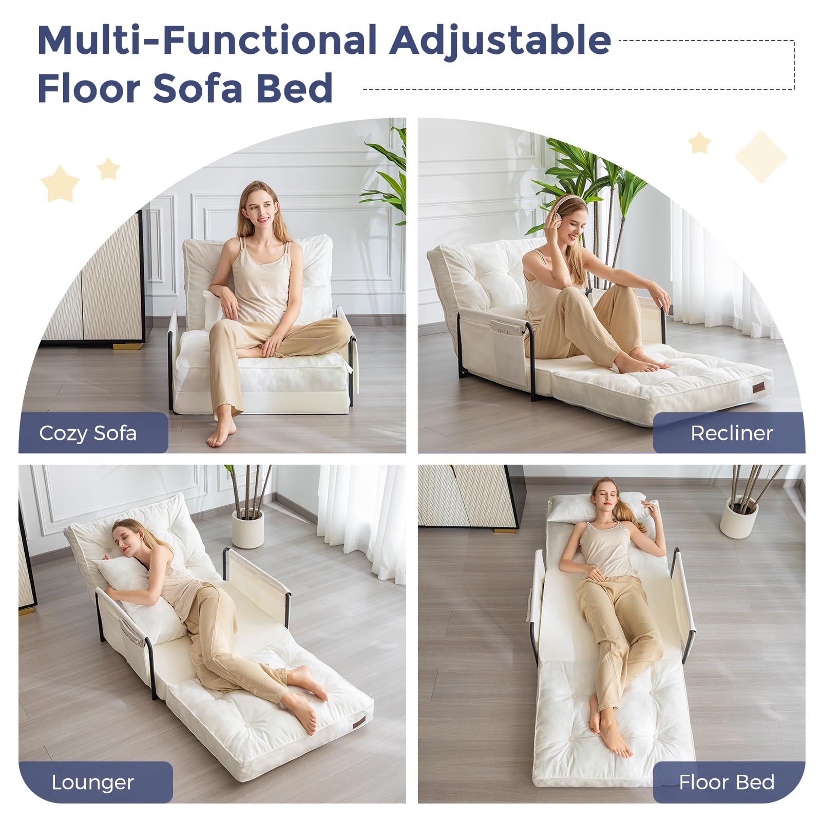 MAXYOYO Adjustable Floor Sofa Bed - Velvet Convertible Lazy Couch with Pillow & Armrests - Single Size Beige Sofa Sleeper for Living Room, Bedroom & Small Spaces