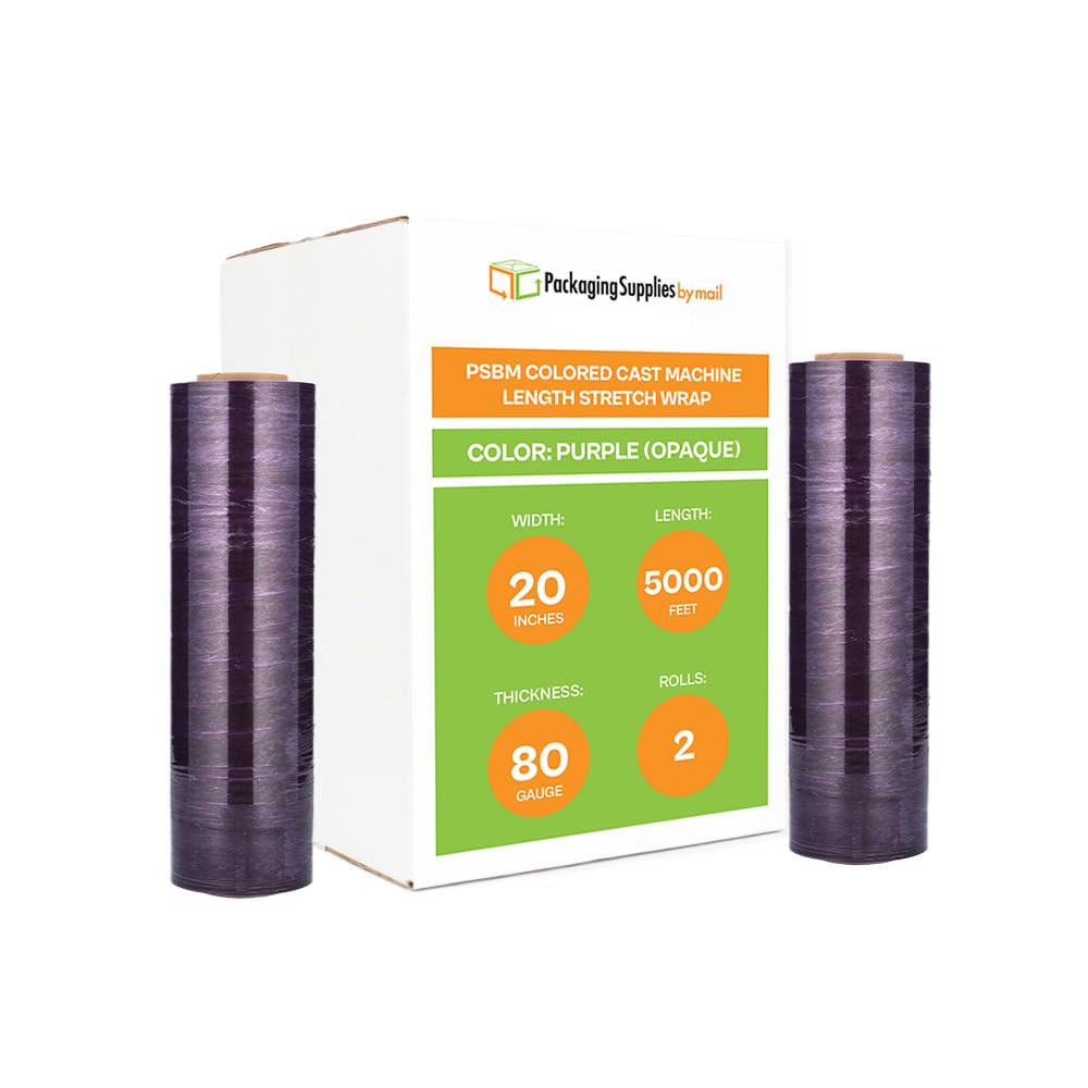 PSBM 2 Pack Purple Stretch Wrap Film - 20 Inch x 5000 Feet, 80 Gauge Heavy Duty Plastic Cling Wrap for Pallet Packaging, Shipping & Warehouse Use - Dark Color Industrial Stretch Film Rolls for Secure Load Protection