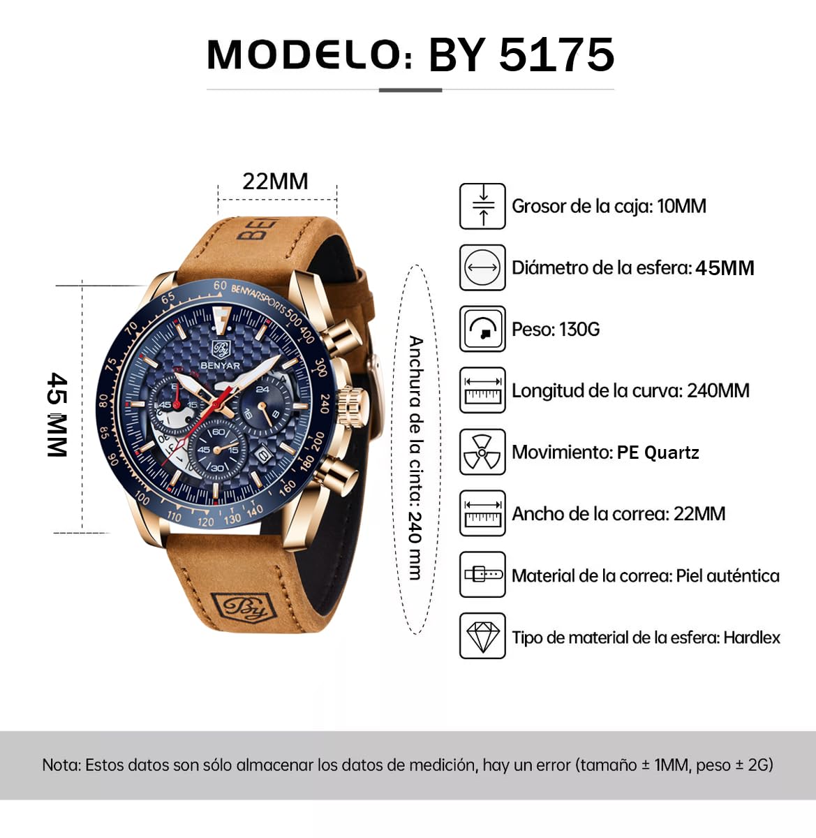 BENYAR Men's Sports Chronograph Watch - Analog Quartz, Date Display, Waterproof 3ATM, Leather Strap - Stylish Business & Casual Wristwatch for Men | Perfect for Office, Daily Wear & Outdoor Activities