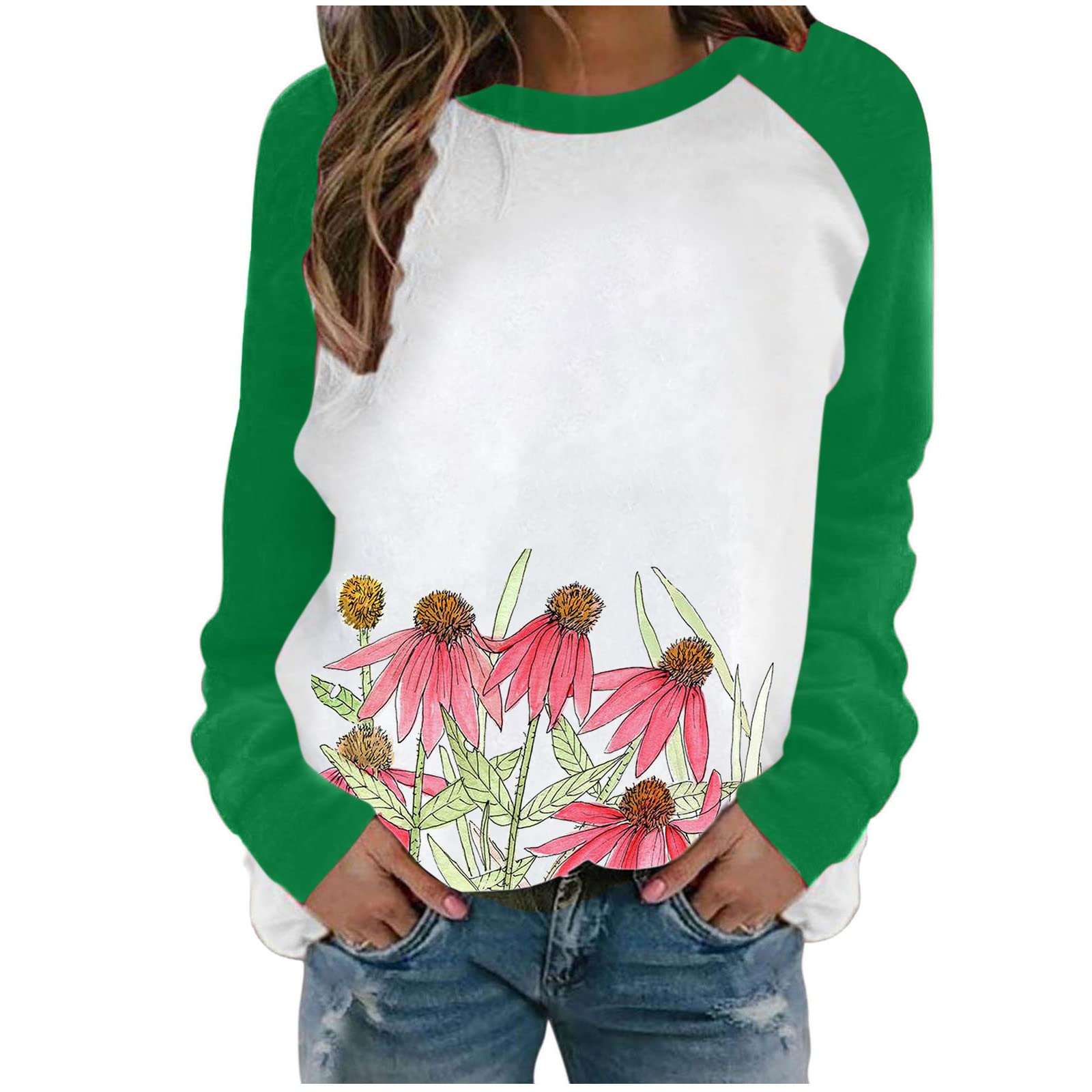 Women's Printed Patchwork Long Sleeve Blouse - Casual Round Neck Tops for Spring & Fall | Fashion Shirt for Work, Date Night & Everyday Wear