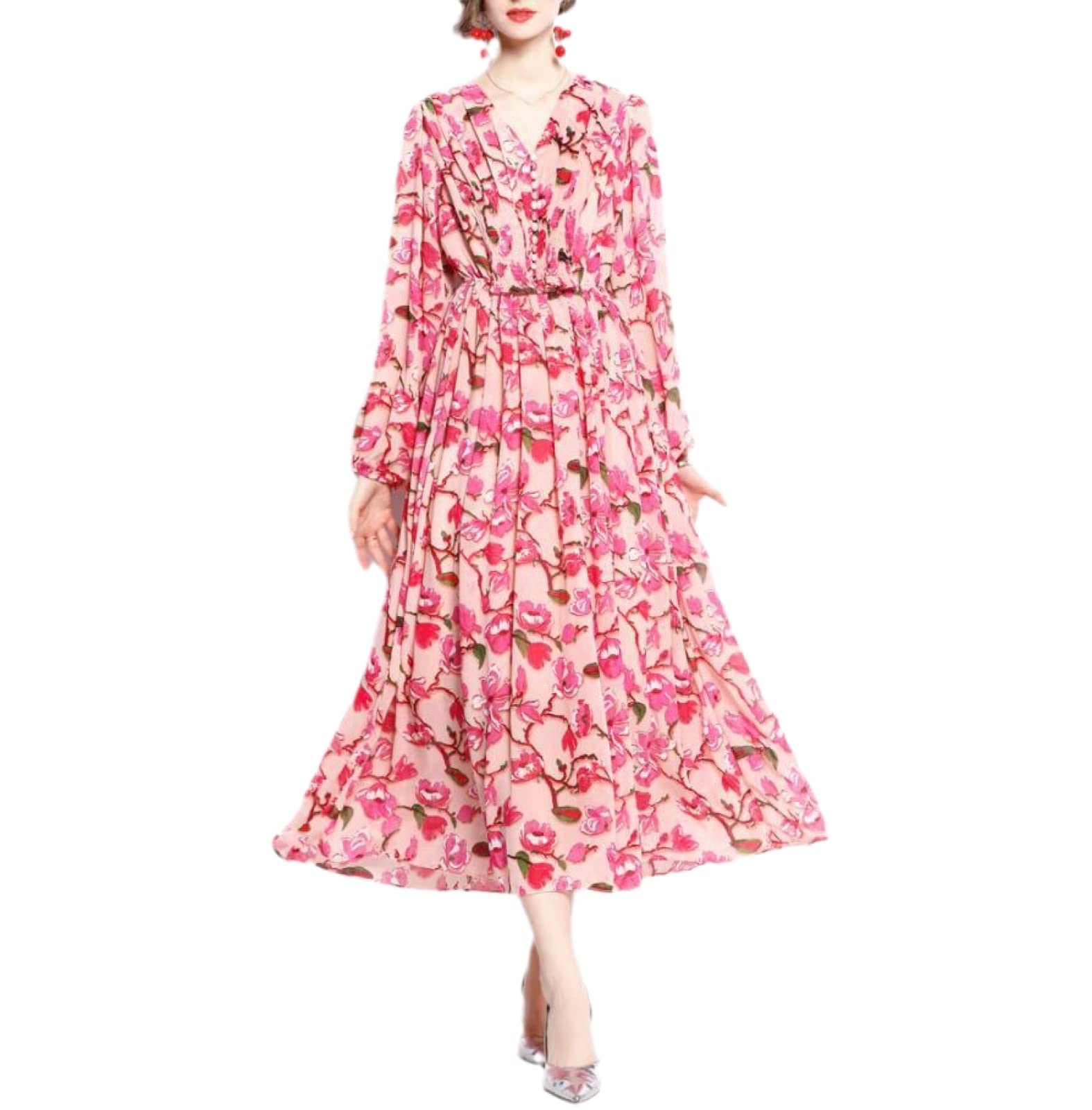 Vintage Floral Print Chiffon Dress for Women - Long Sleeve V-Neck Waist Wrap Dress for Spring & Autumn | Perfect for Date Nights, Office Wear & Special Occasions