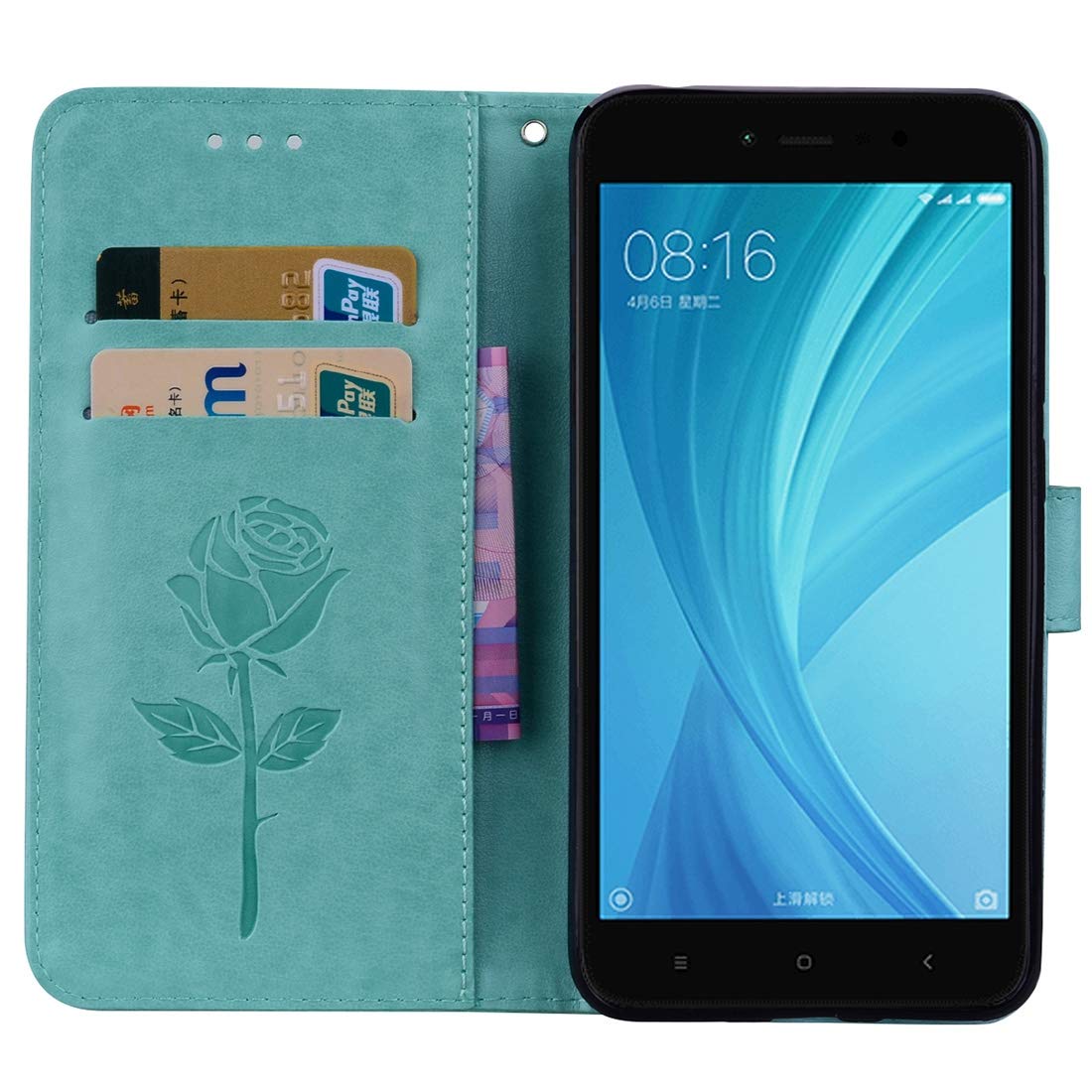Xiaomi Redmi Note 5A Pro/Prime Leather Wallet Case - Floral Design with Card Slots & Kickstand (Black/Green) - Perfect for Daily Use, Travel & Business Meetings