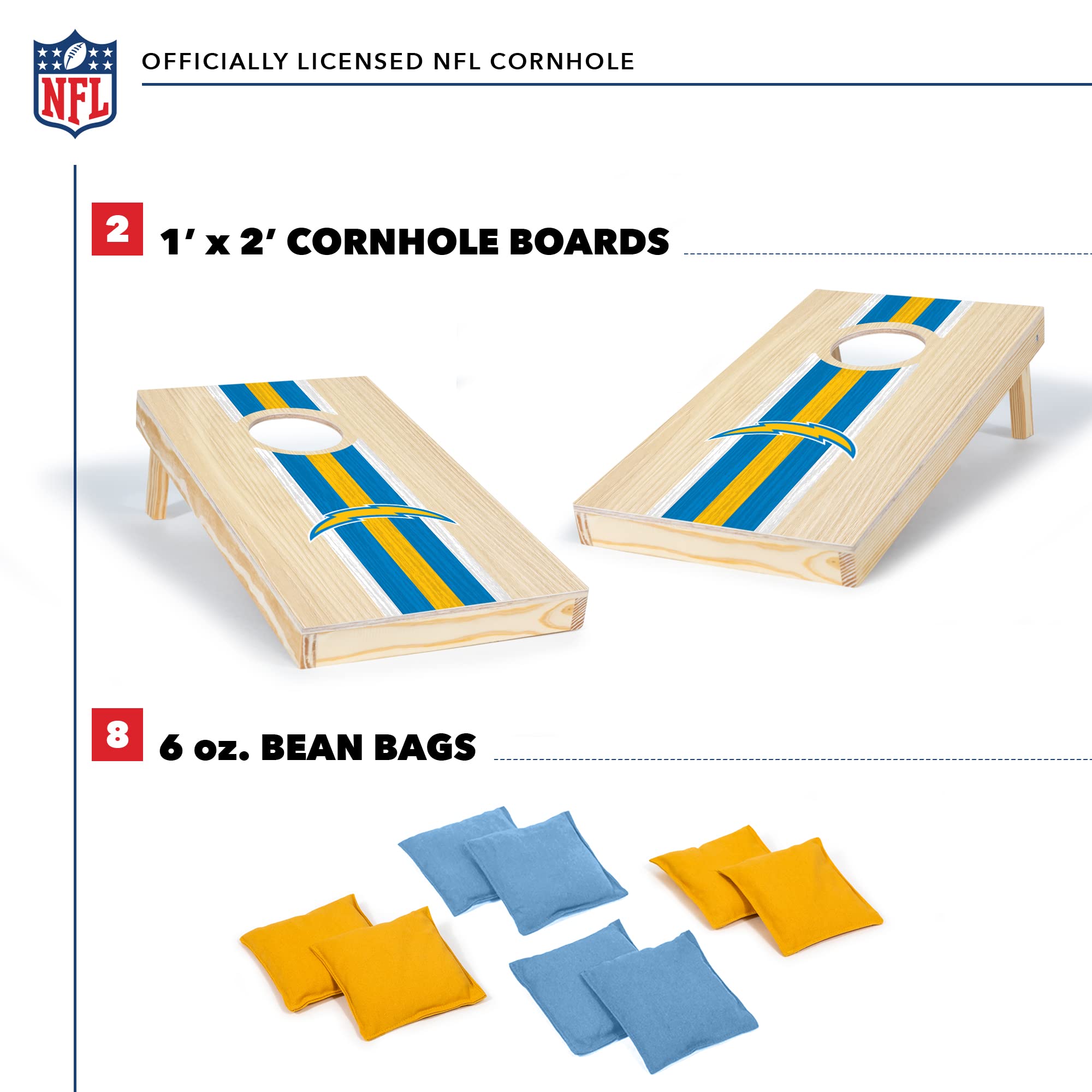 Los Angeles Chargers NFL Cornhole Set - 1' x 2' Travel Size Solid Wood Bean Bag Toss Game with HD Team Graphics | Perfect Outdoor Party Game, Tailgating, Backyard BBQ & Family Gatherings | Great Gift for Football Fans