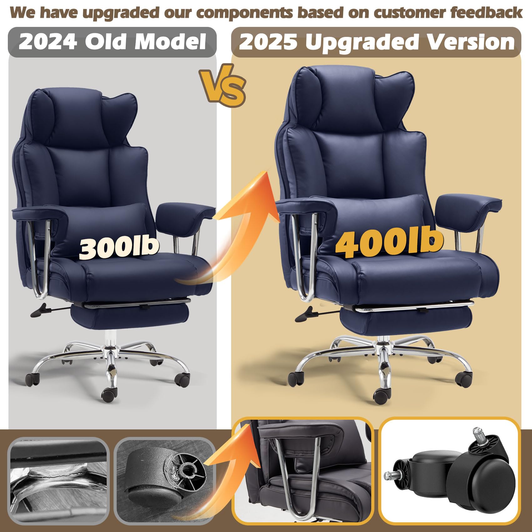 Big and Tall Office Chair with Footrest - Heavy Duty Executive Reclining Leather Chair, Adjustable High Back, Supports Up to 400lbs - Perfect for Large Men, Home Office, Gaming, and Long Work Sessions