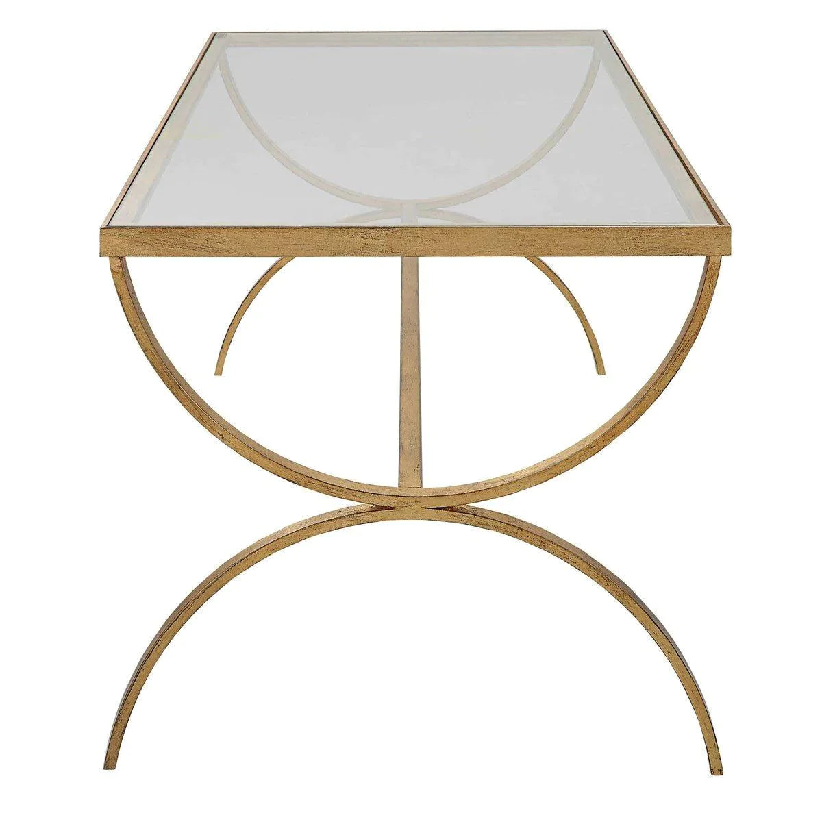 Antiqued Gold Forged Iron Coffee Table with Tempered Glass Top - Rustic Industrial Living Room Furniture for Home Decor & Entertaining