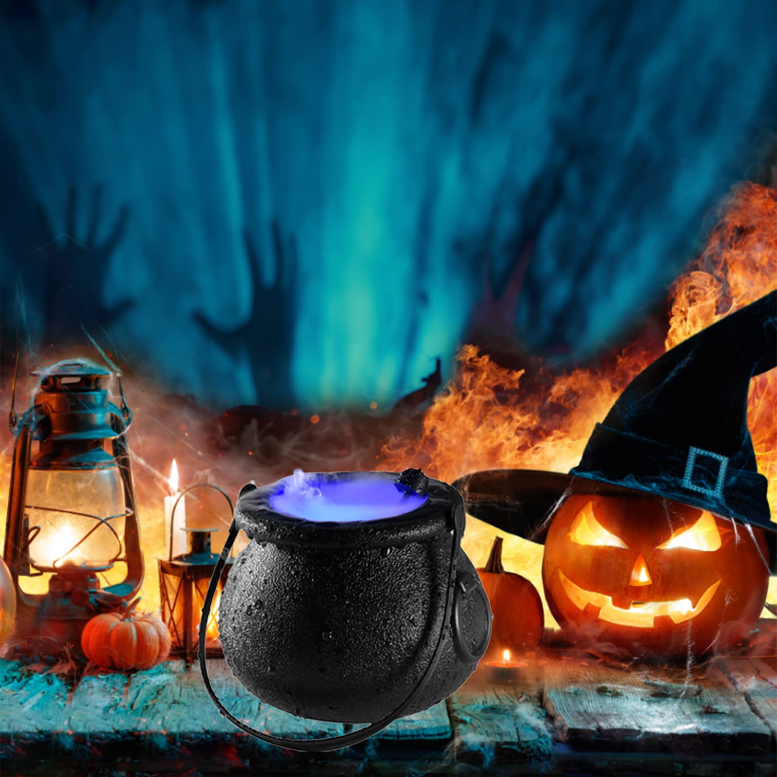 Halloween Witch Cauldron with LED Color Changing Lights & Fog Mist Maker - Black ABS Plastic Witch Jar Punch Bowl for Spooky Party Decor | Perfect for Halloween Decorations, Themed Parties & Haunted House Displays