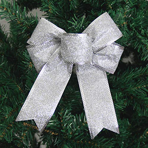 6-Pack Silver Glitter Christmas Ribbon Bows - Elegant Gift Wrapping, Wreath & Wedding Party Decorations - Hanging Ornaments for Holiday, Xmas Tree & Home Decor