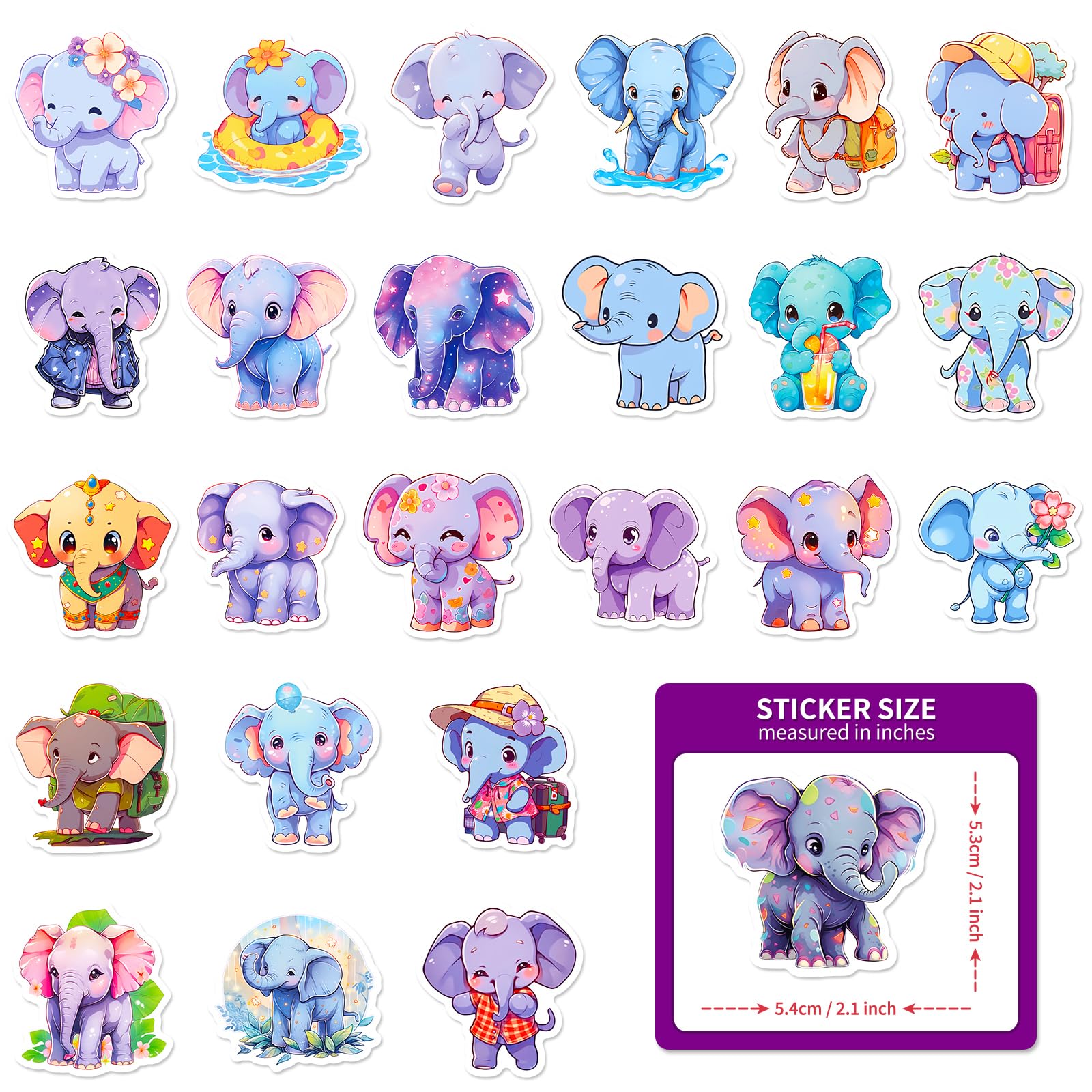 50PCS Cute Elephant Stickers for Kids & Adults - Waterproof Vinyl Decals for Water Bottles, Laptops, Luggage - Kawaii Animal Stickers for School, Office & Travel Decor