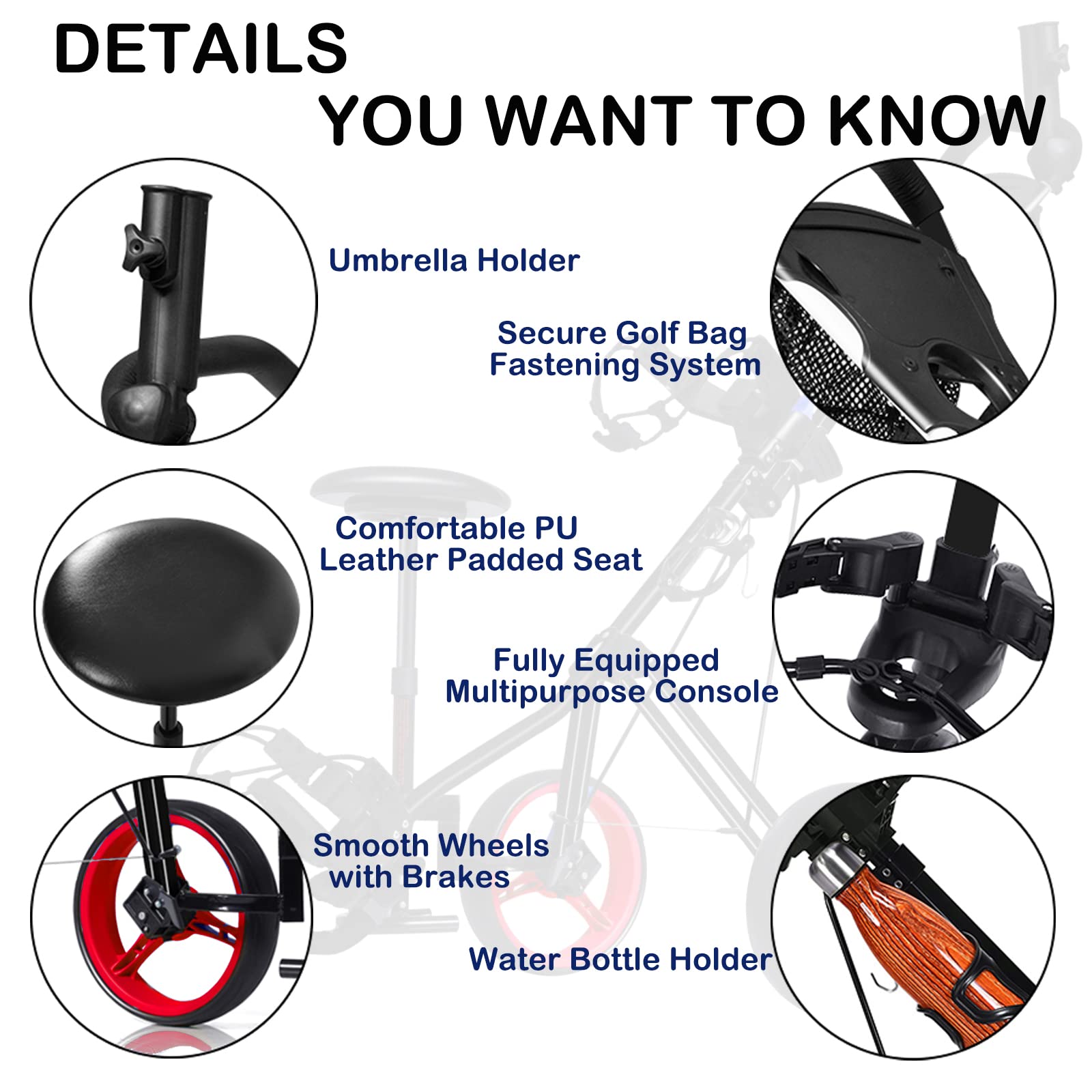 Best 3 Wheel Folding Golf Push Cart - Lightweight Collapsible Golf Trolley with Seat, Foot Brake & Umbrella Holder - Adjustable 4-Position Handle for Golf Clubs - Perfect for Golf Course, Driving Range & Outdoor Practice