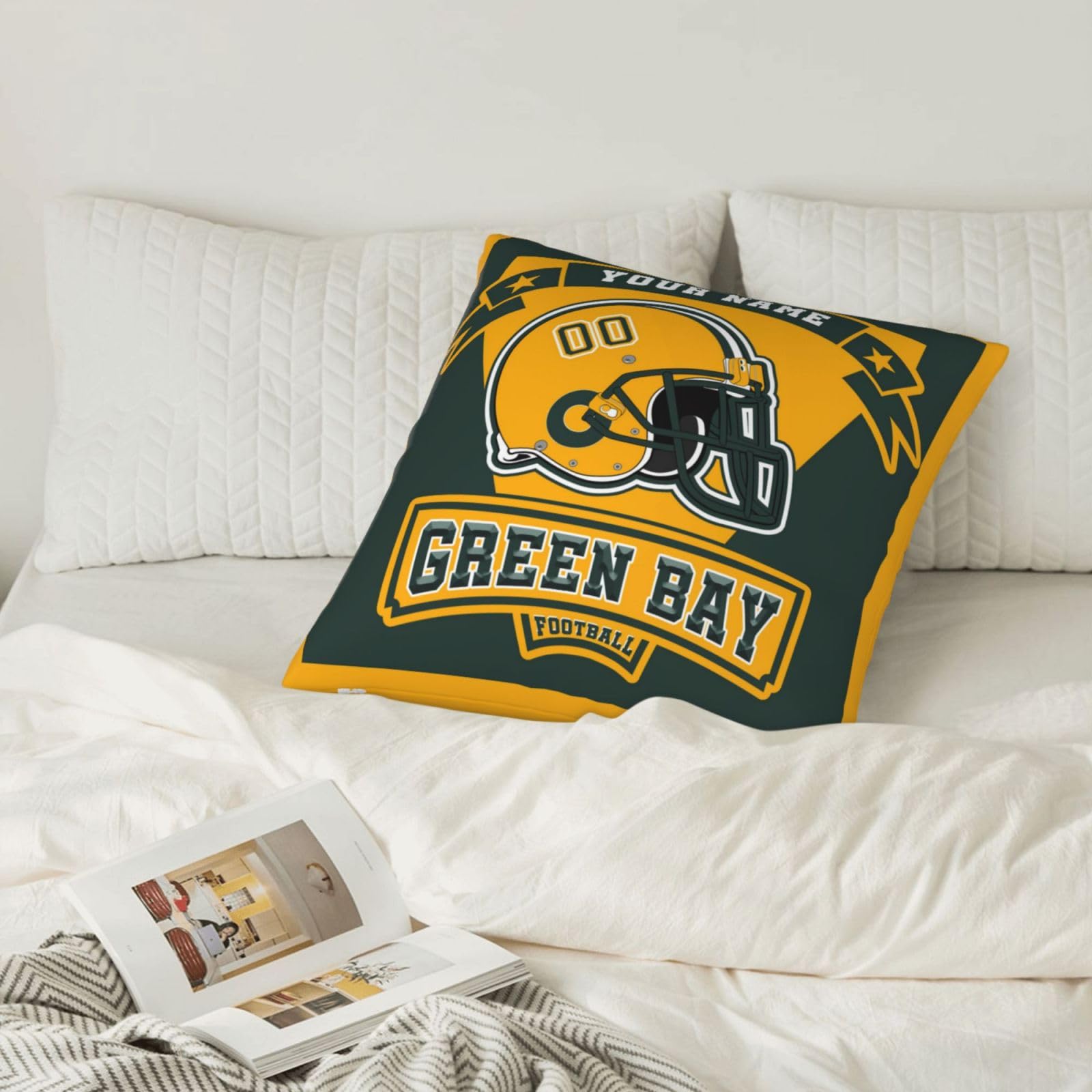 Custom Green Bay Throw Pillow Cover - Personalized with Name & Number - Soft Decorative Couch Pillow Case for Sofa, Bedroom & Home Decor - Perfect Gift for Packers Fans & Football Lovers