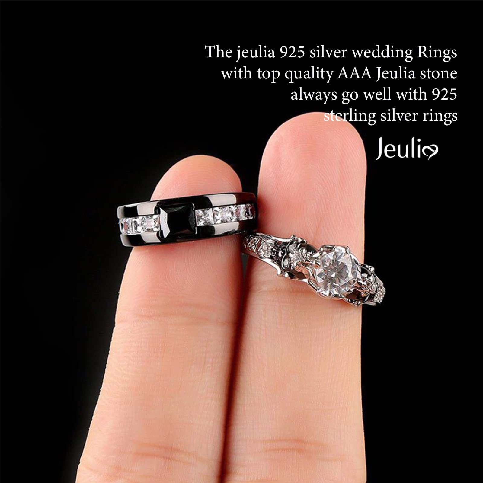 Jeulia Sterling Silver Eternity Ring Set for Men & Women - Black Tone Princess Cut Wedding Band, Stackable Diamond Engagement Ring with Jewelry Gift Box - Perfect for Anniversaries, Proposals & Special Occasions