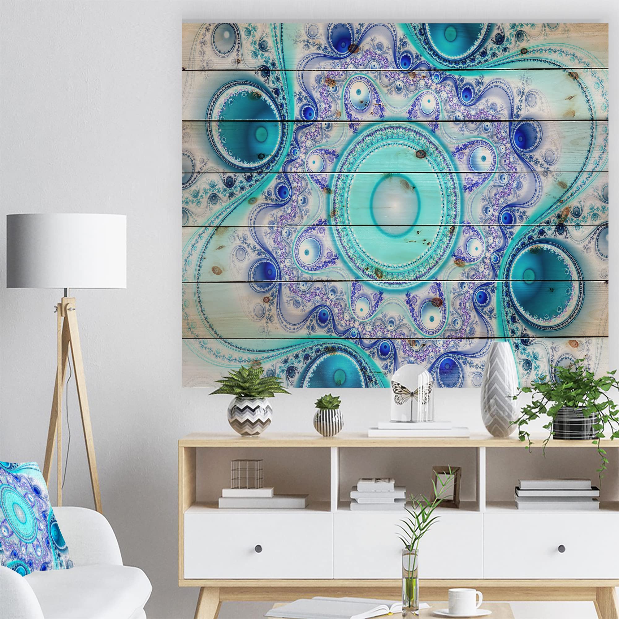 Modern Turquoise Wood Wall Art - Abstract Wavy Circles Decor for Living Room