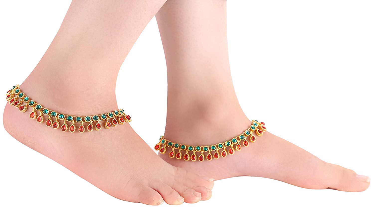 Gold Plated Indian Traditional Bollywood Style Kundan Anklet Payal for Women - Elegant Ethnic Barefoot Jewelry for Parties, Weddings & Festivals (A031MG)