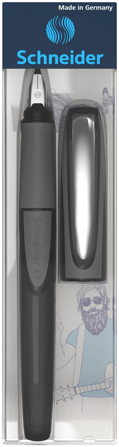 Schneider Ray Fountain Pen Medium Nib - Refillable Onyx Black Barrel with Royal Blue Erasable Ink Cartridge - Premium Writing Pen for Office, School & Journaling - Pack of 1 (168207)