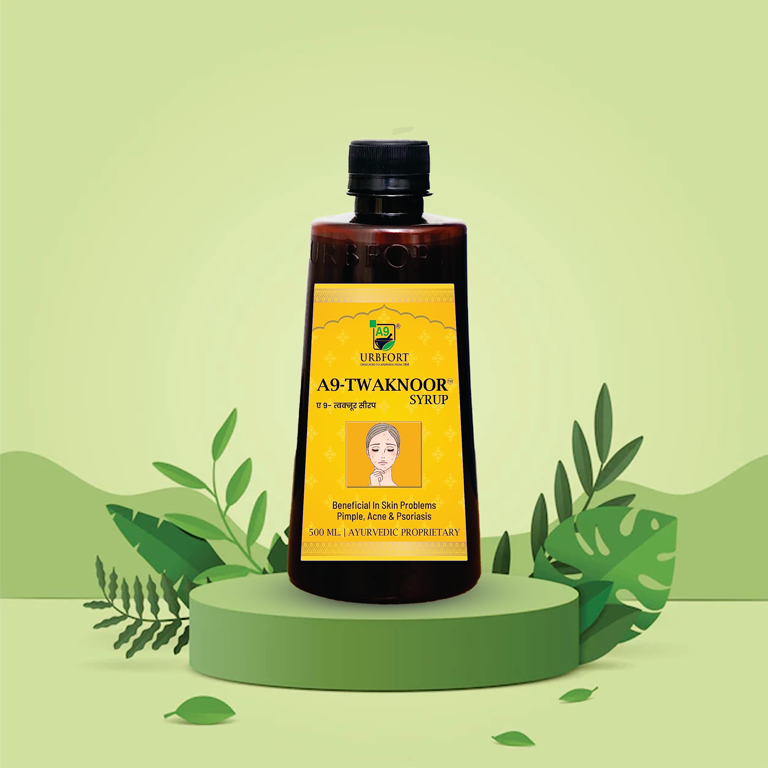 URBFORT A9-Twaknoor Ayurvedic Syrup for Acne & Pimple Treatment - 100% Natural Skin Tonic Improves Complexion & Glow - 500ml Bottle for Clear, Healthy Skin - Perfect for Daily Skincare Routine & Teenage Acne Relief