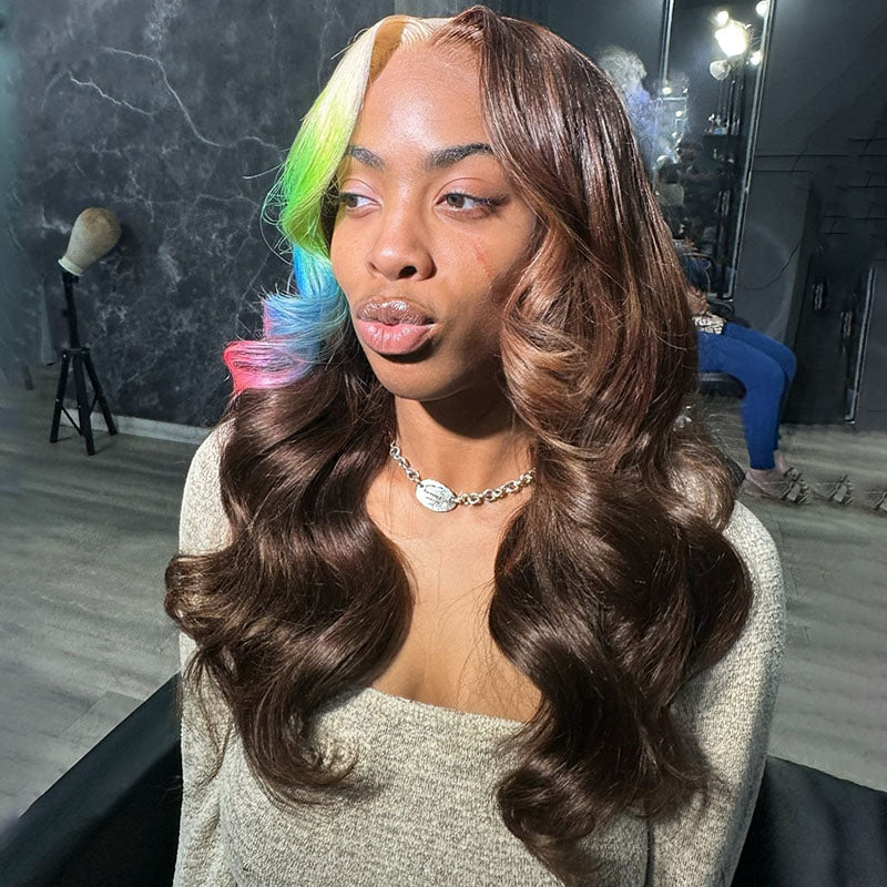Eullair 13x4 Lace Front Wig - Brown with Multi-Colored Blonde, Green, Blue & Pink Highlights | Body Wave Human Hair Wig for Women | Perfect for Cosplay, Parties & Daily Wear