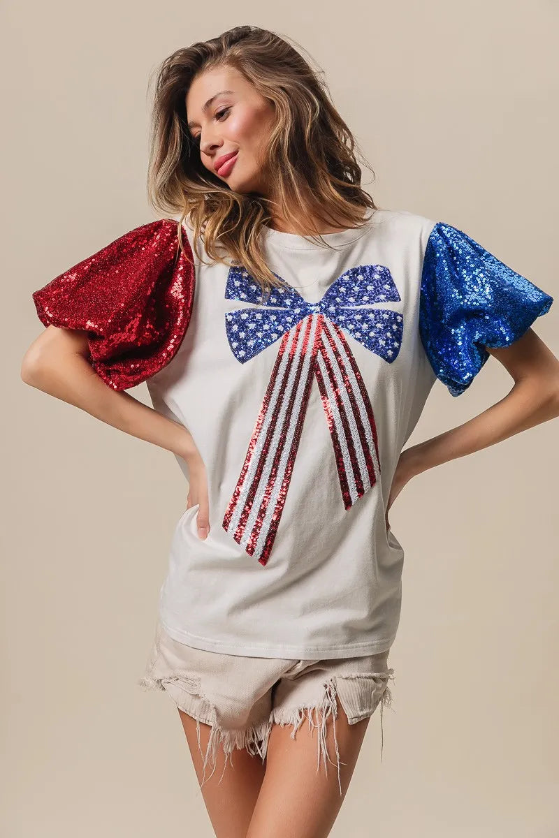 BiBi Sequin American Flag Bow Top - Patriotic Glamour for Women | Perfect for 4th of July, Independence Day & USA Themed Parties