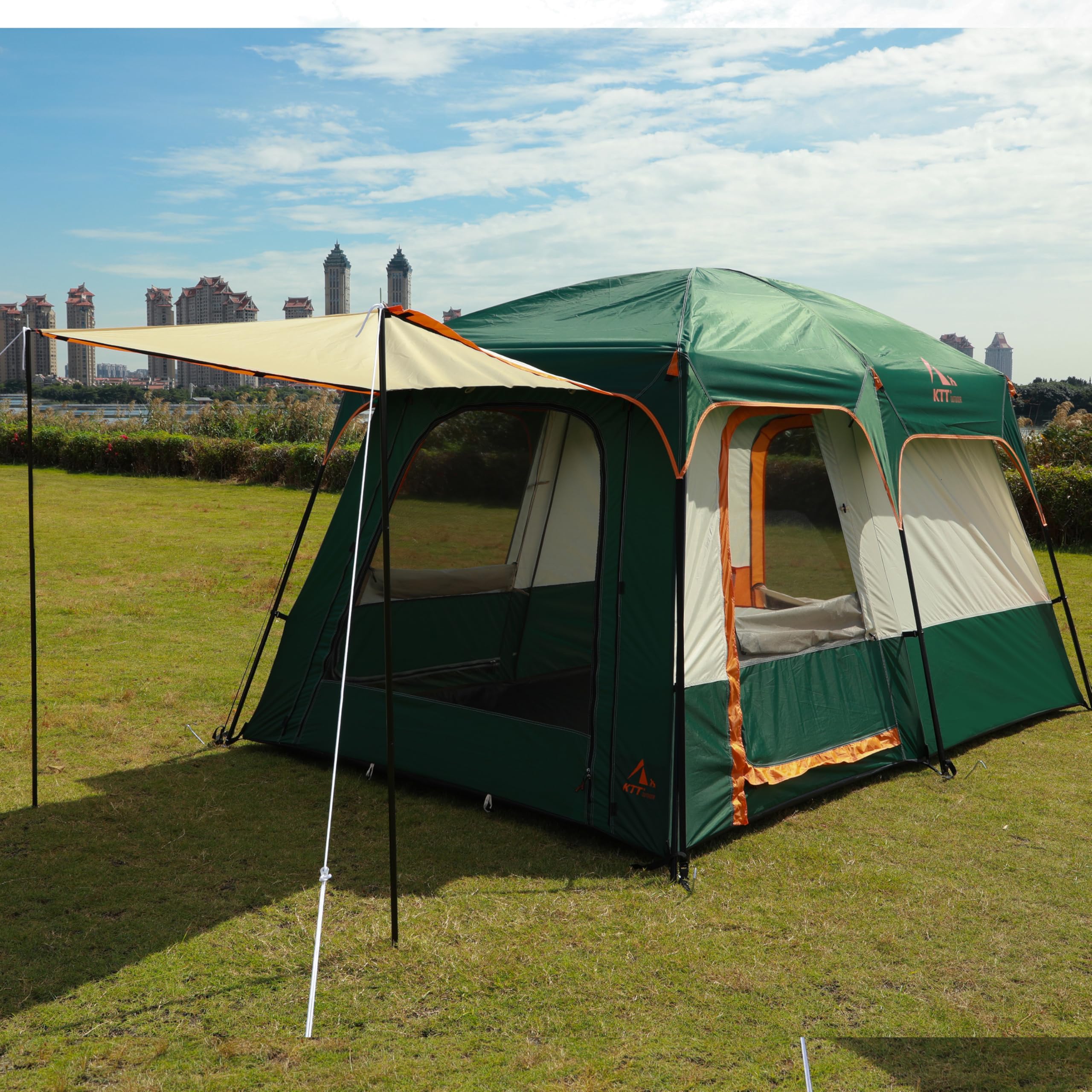 KTT Large Family Cabin Tent for 6-8 People - Waterproof Straight Wall Design with 3 Doors & 3 Mesh Windows - Spacious Outdoor Camping Tent for Picnics, Family Gatherings & Friends Trips - Perfect for Backyard, Beach & National Park Adventures