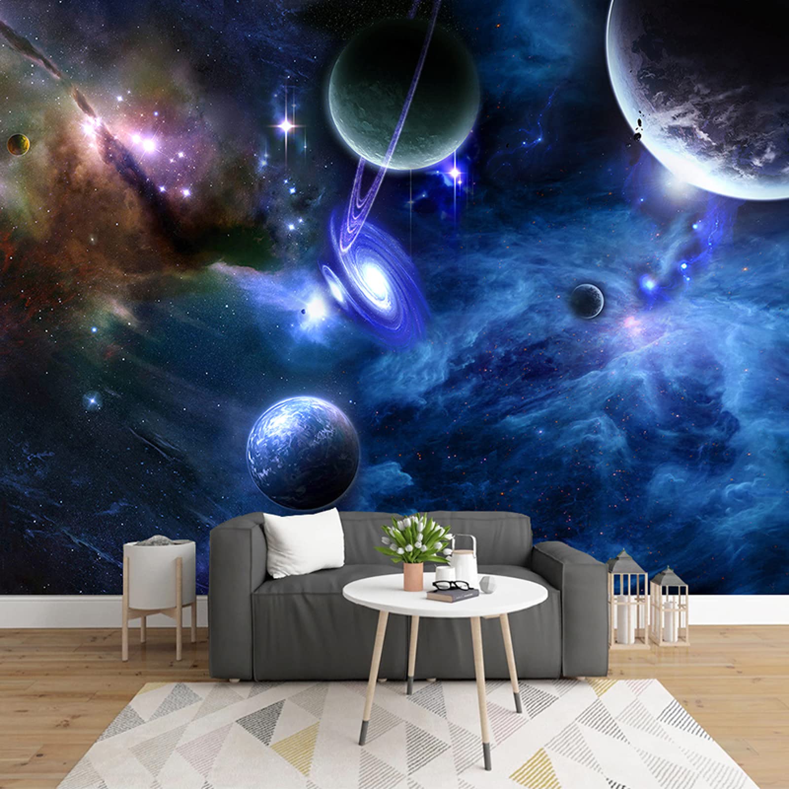 Removable Self-Adhesive Wallpaper - Space Planet Universe Wall Mural (177x126 Inch) Waterproof Wall Decoration for Bedroom, Living Room, Nursery - Easy Peel & Stick Home Decor
