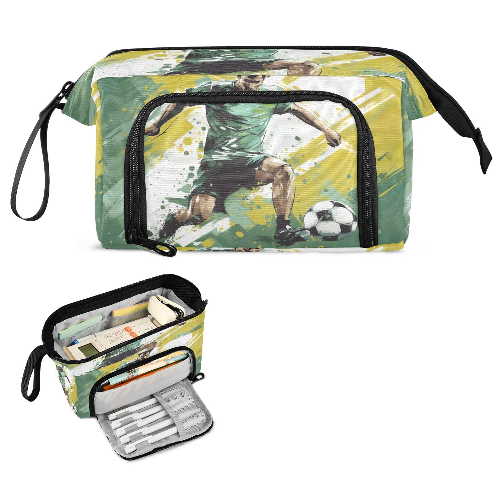 **Yellow Green Large Capacity Football Player Pencil Case - Portable Pen Organizer with Compartments for School, Office & Travel - Aesthetic Stationery Pouch for Boys, Girls, Teens & Adults**