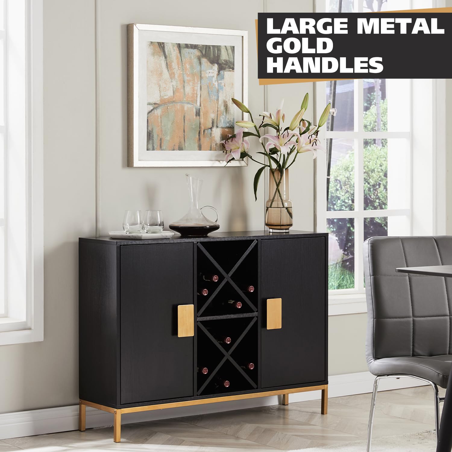 Kings Brand Furniture - Black Wine Liquor Bar Buffet Sideboard Cabinet with Wine Rack Storage for Kitchen & Dining Room | Perfect for Home Bar, Entertaining & Dining Room Organization