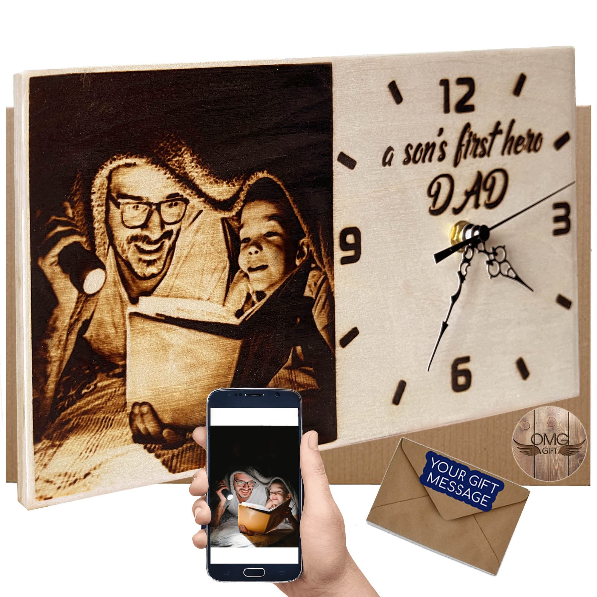 Custom Engraved Wooden Desk Clock - Personalized Father's Day Gift for Dad, Stepdad & Father-in-Law - Unique Wooden Anniversary Gift for Men Who Have Everything (6.3 x 11.5 Inch) - Perfect for Office, Home & Retirement Gifts