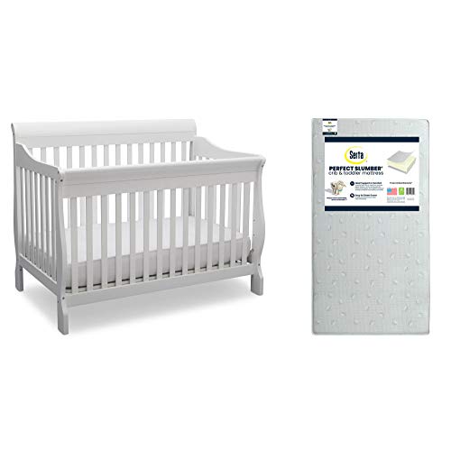 Delta Children Canton 4-in-1 Convertible Crib to Toddler Bed - White Bianca Finish + Serta Perfect Slumber Dual-Sided Crib Mattress with Recycled Fiber Core | Nursery Furniture Set for Baby & Toddler Rooms | Safe Sleep Solution for Newborns to Preschoolers