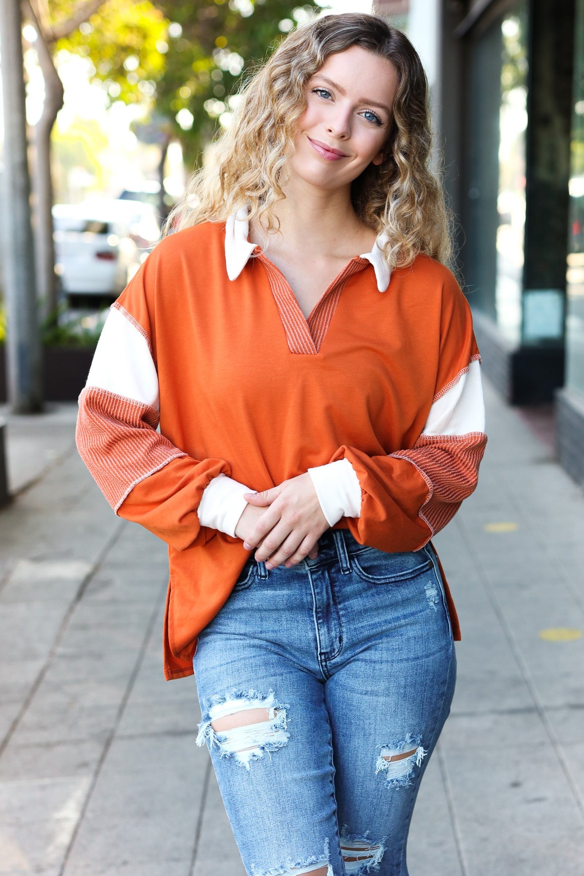 Falling For You Rust Color Block Collared French Terry Top | Women's Casual Long Sleeve Shirt | Perfect for Autumn Outfits, Coffee Dates & Weekend Errands