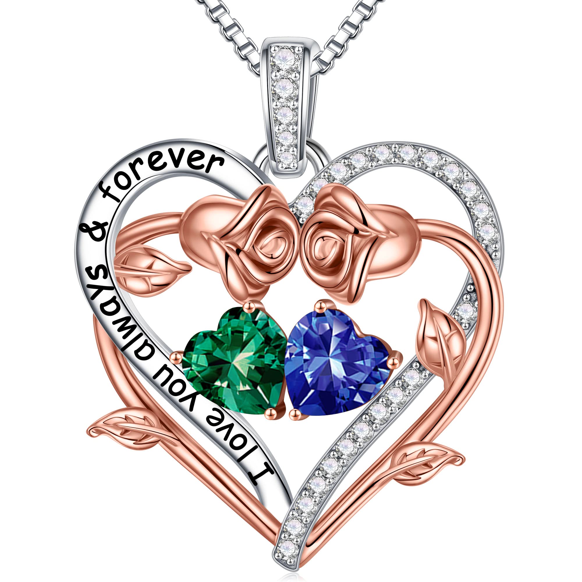 Rose Heart Double Birthstone Necklace for Women - Personalized Jewelry Gift for Wife, Girlfriend, Mom, Grandma | Birthday, Anniversary, Valentine's Day Present | Elegant Gemstone Pendant for Everyday Wear & Special Occasions