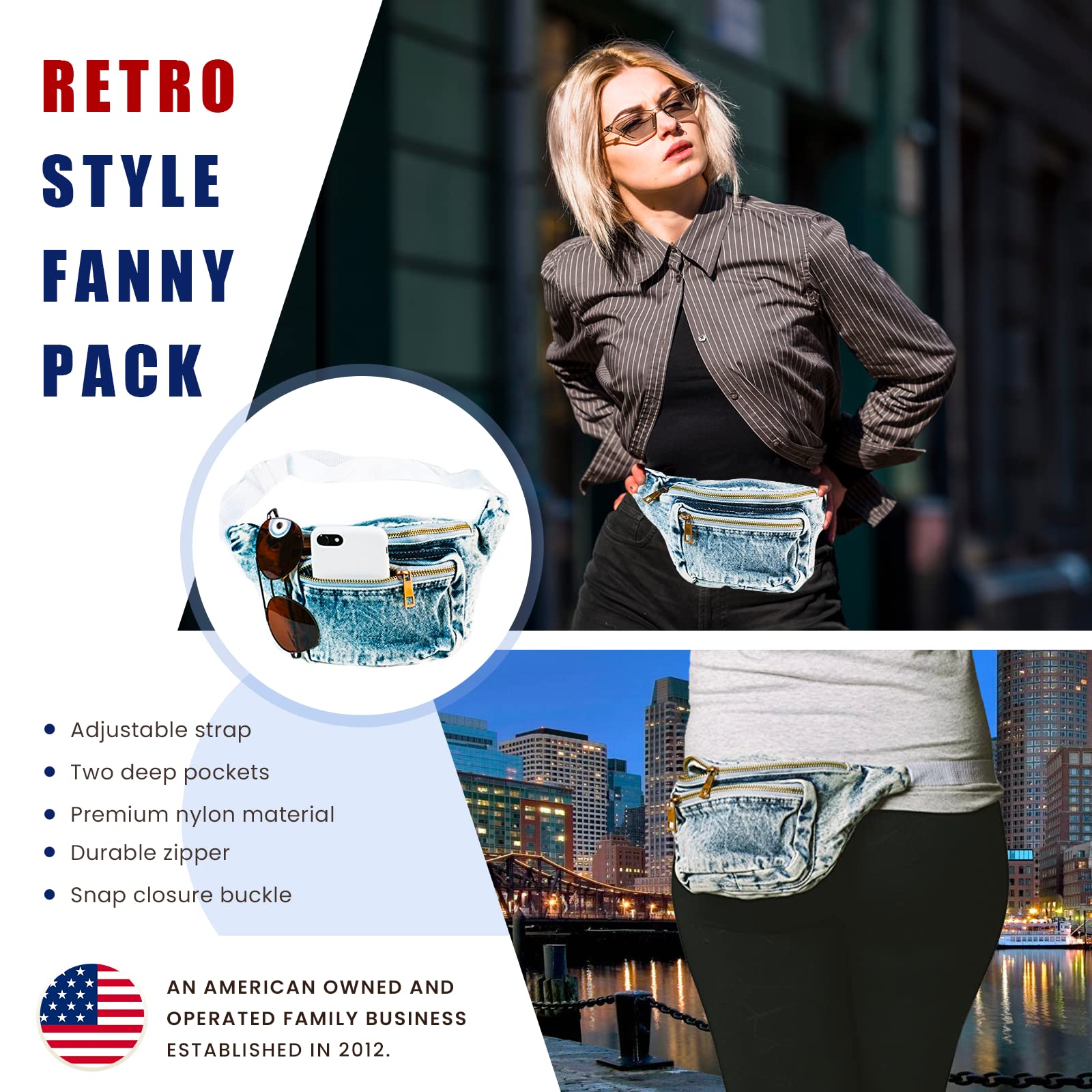 Funny Guy Mugs Premium Retro Denim Fanny Pack - Vintage Acid Wash Jean Waist Bag for Men & Women | Perfect for Travel, Hiking, Concerts & Everyday Use
