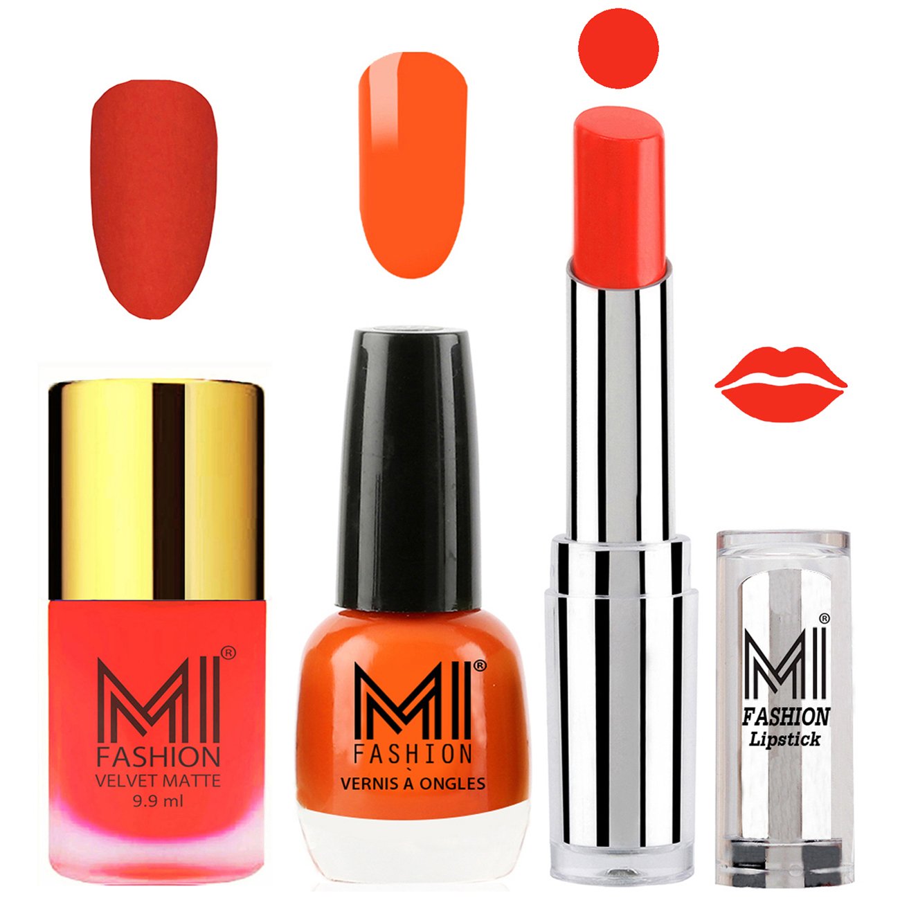 MI Fashion Orange Matte Nail Polish, Candy Coral Shine Nail Polish & Orange Crush Lipstick Set - 3 Piece Nail & Lip Makeup Combo for Party, Date Night & Special Occasions