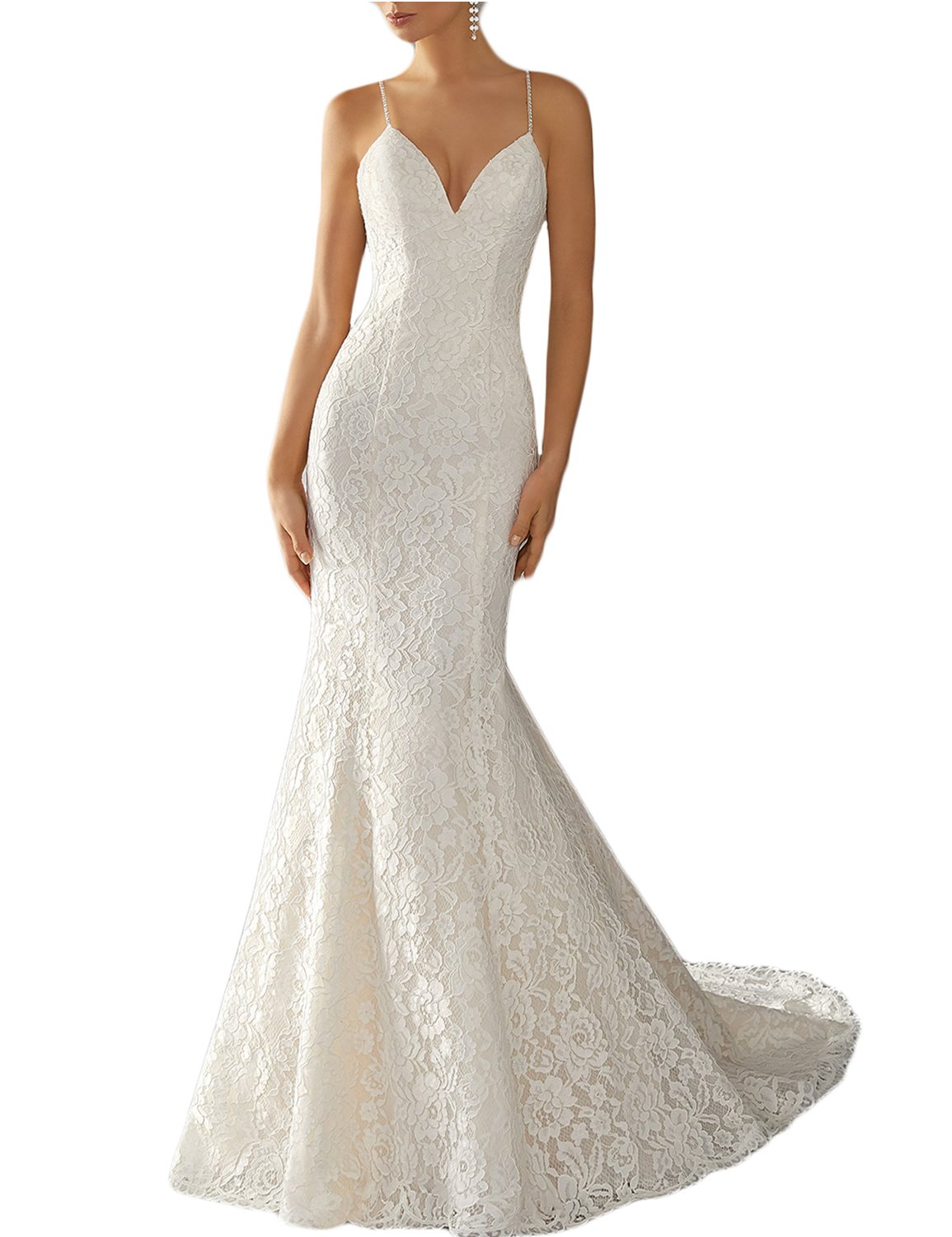 2018 Elegant Spaghetti Strap Lace Wedding Dress for Women - Simple A-Line Sweep Train Formal Gown SHWD10 | Perfect for Beach Weddings, Vow Renewals & Romantic Photoshoots