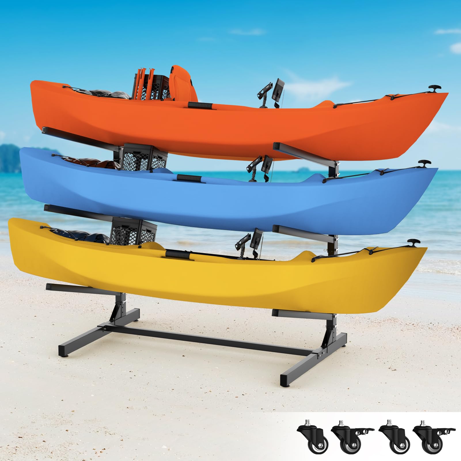 Heavy Duty Freestanding Kayak Storage Rack with Wheels - Adjustable 3-Level Outdoor/Indoor Stand for Kayaks, SUPs, Canoes & Paddleboards | Perfect for Garage, Backyard & Dock Storage