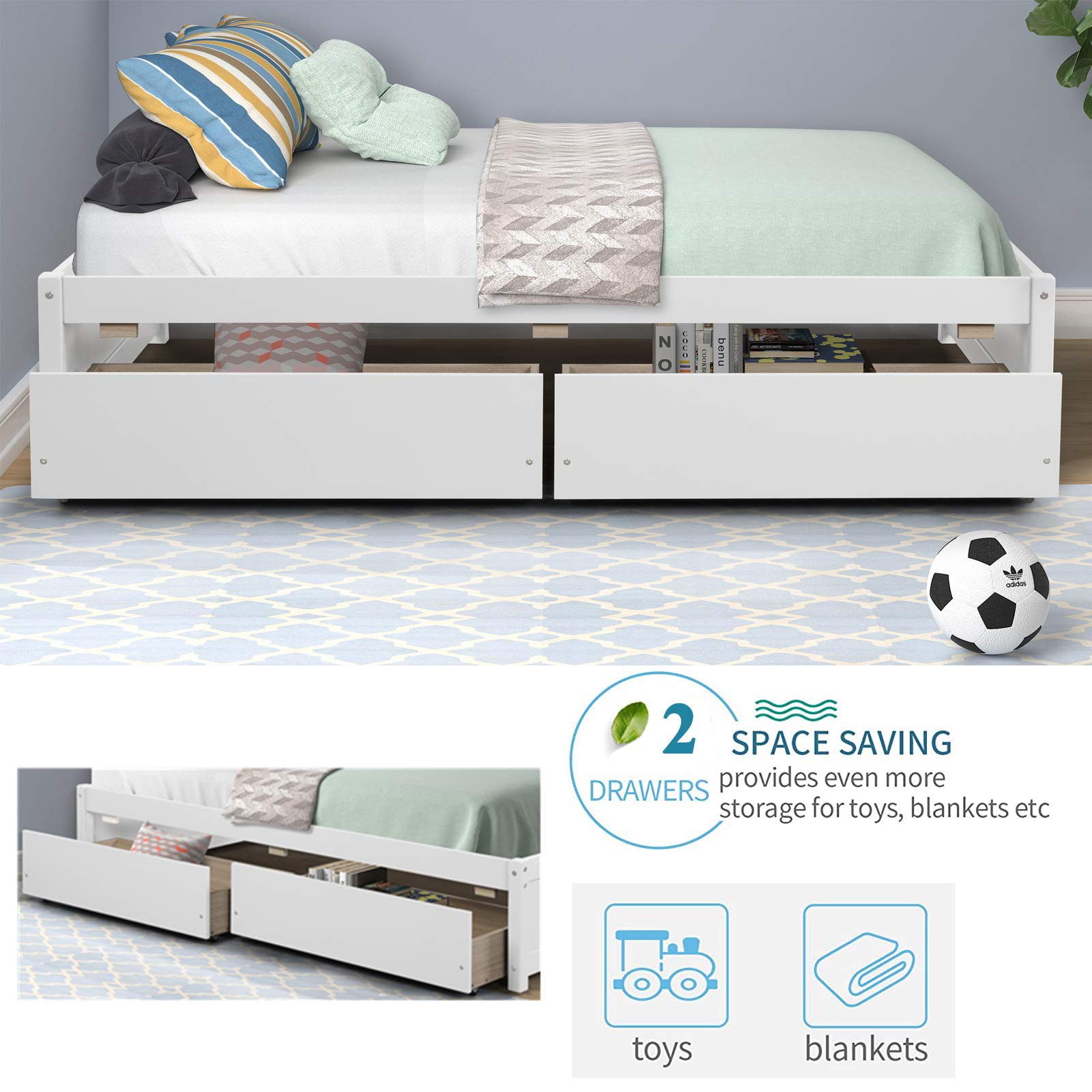 Twin Platform Bed Frame with 2 Storage Drawers - Solid Wood Kids Bed for Toddler Boys & Girls - 10 Slat Support No Box Spring Needed - Easy Assembly (Bright White) - Perfect for Small Bedrooms & Space Saving Kids' Rooms
