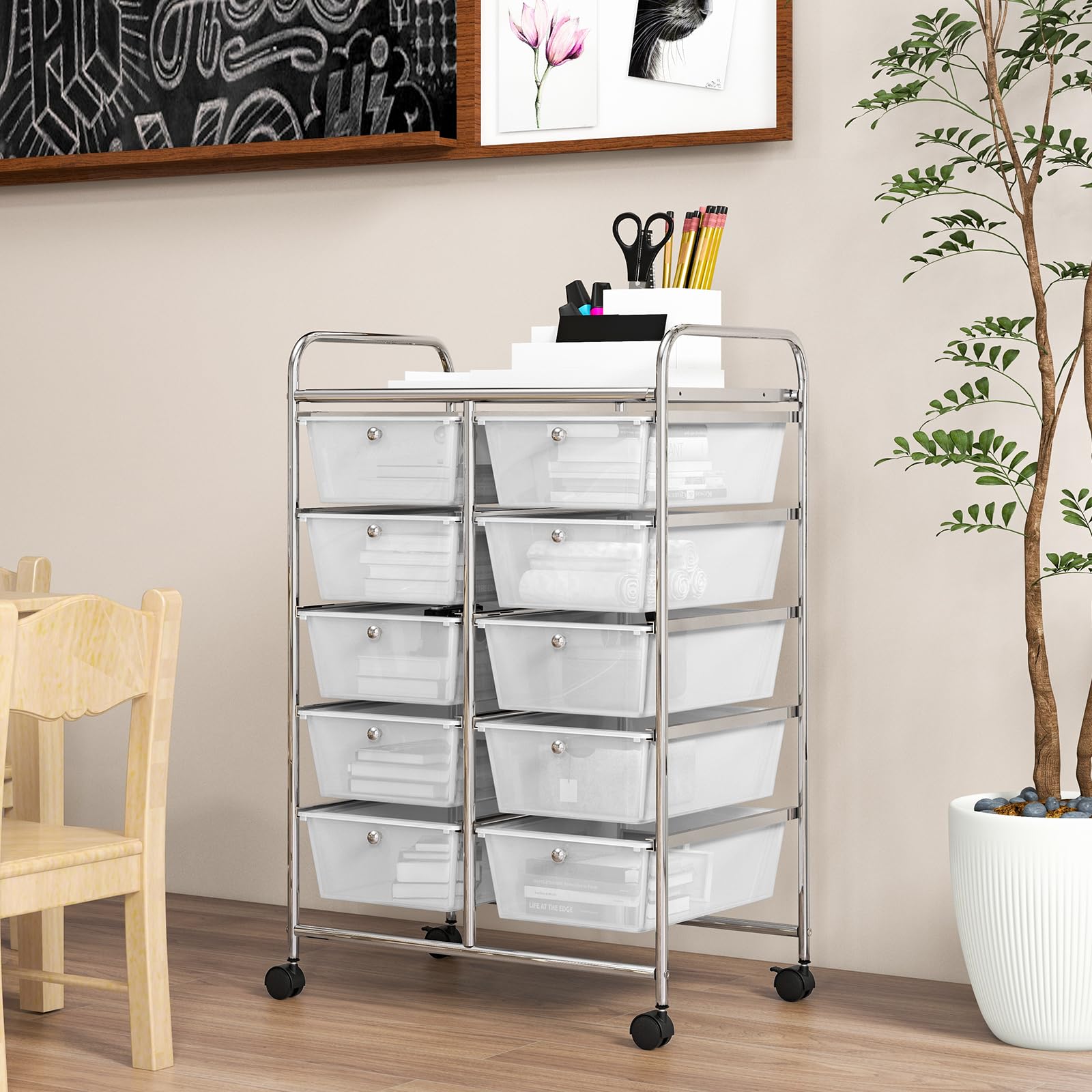 10-Drawer Rolling Storage Cart with Wheels - Mobile Organizer for Art Supplies, Tools, Crafts, Paper & Scrapbooking - Perfect for Home, Office & School Organization (Clear) - Ideal for Craft Rooms, Workshops & Classroom Storage