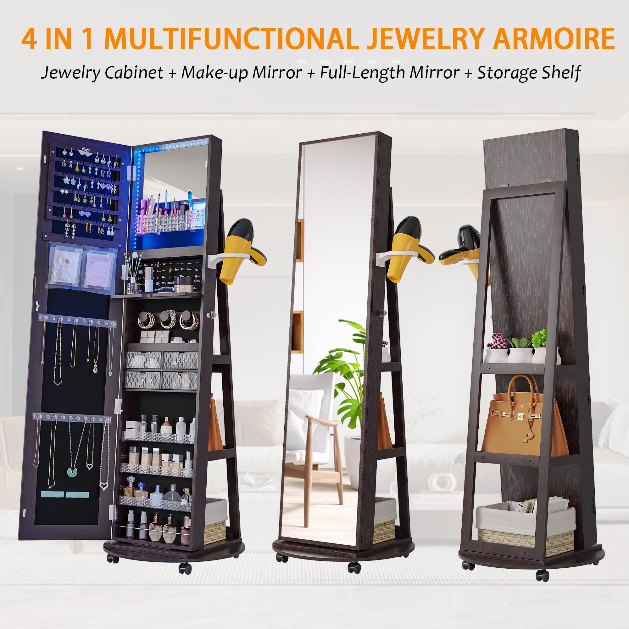 360° Rotating Jewelry Armoire Organizer with LED Lights - Lockable Standing Jewelry Cabinet for Necklaces, Rings & Earrings - Perfect Christmas Gift for Women, Brides & Home Decor (Brown) - Bedroom, Closet & Dressing Room Storage Solution