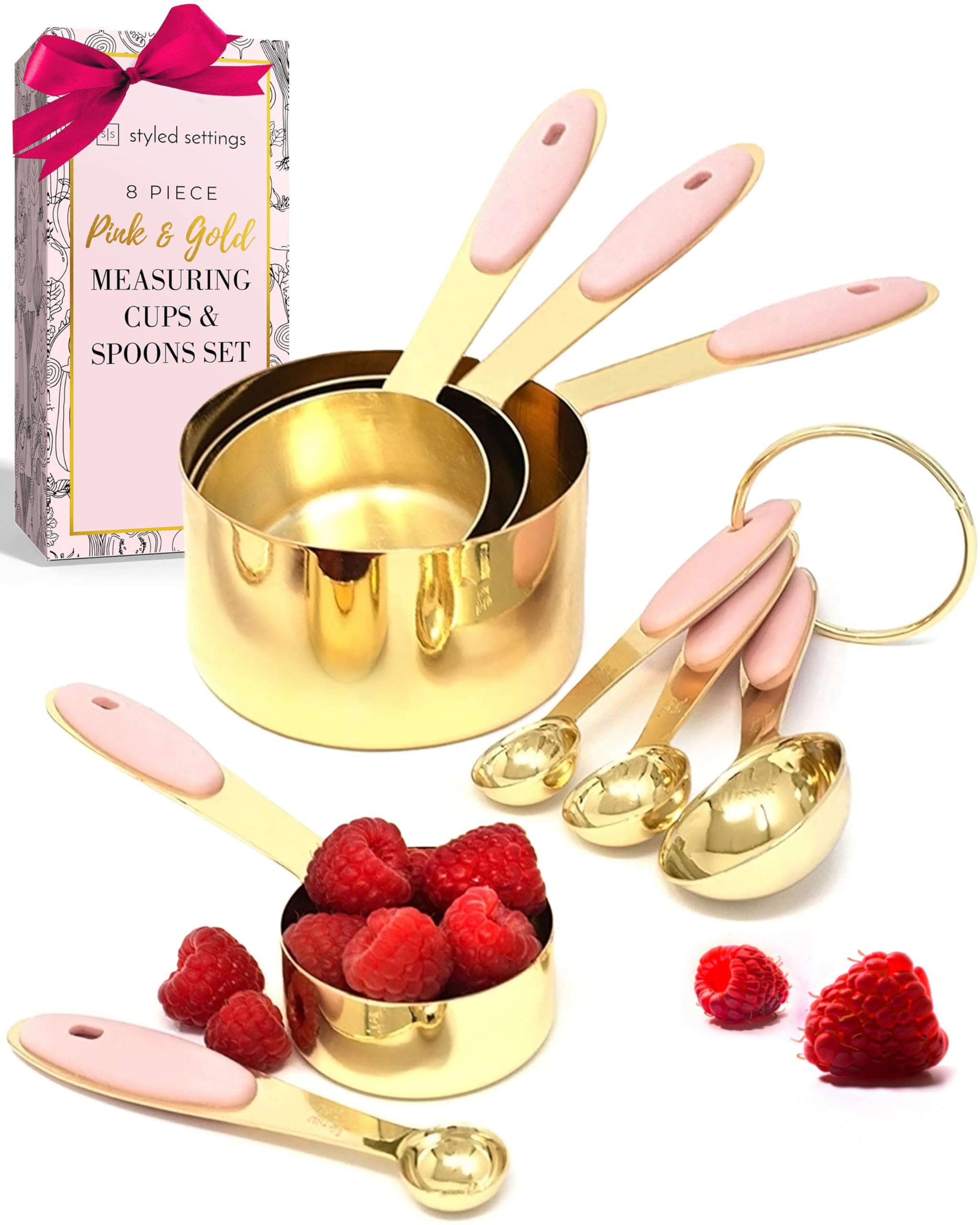 8-Piece Stainless Steel Measuring Cups and Spoons Set in Gold & Pink - Durable Baking Tools with Ergonomic Silicone Handles - Perfect for Cooking, Baking, Cake Decorating & Kitchen Decor Gifts