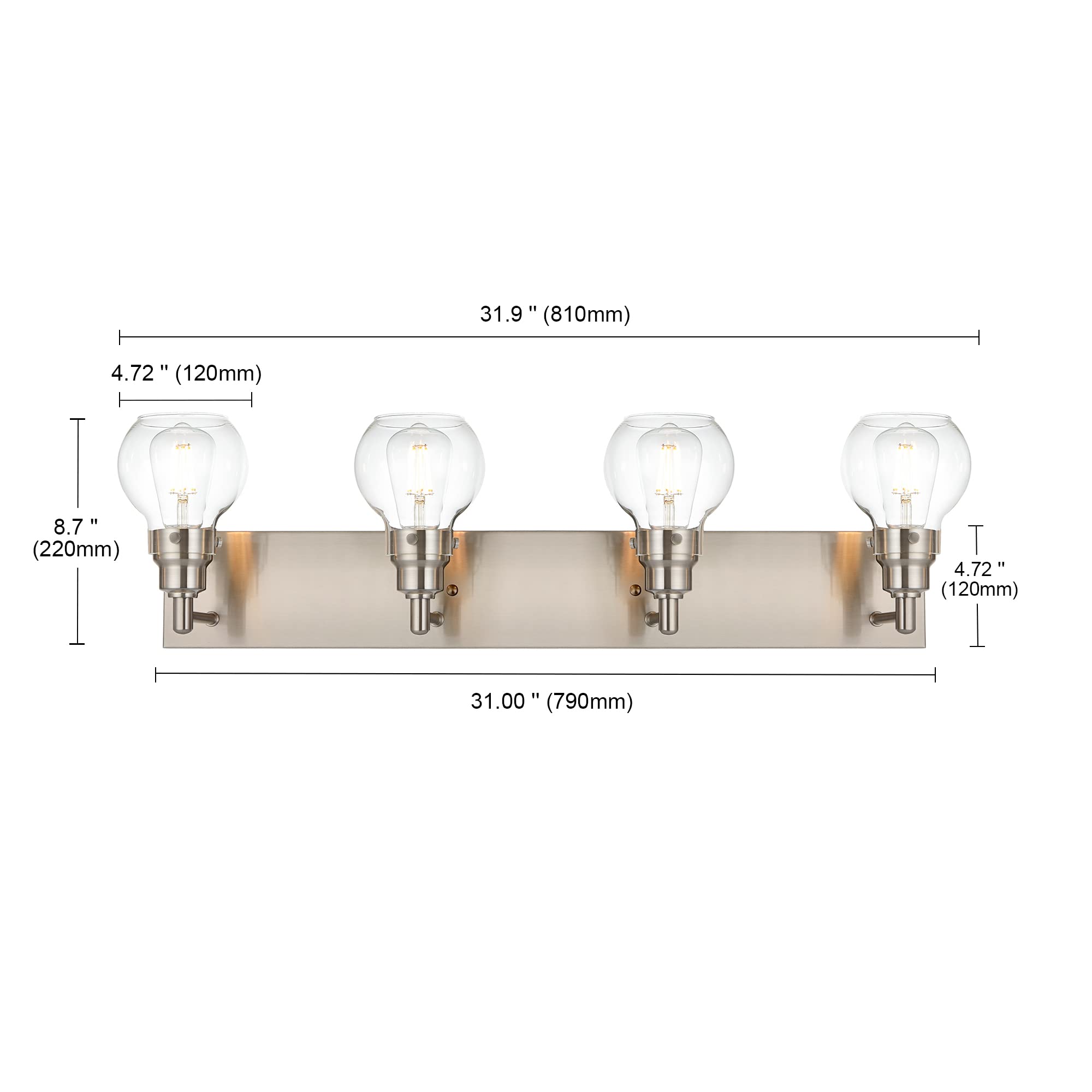 4-Light Modern Bathroom Vanity Light Fixture in Brushed Nickel - Clear Globe Glass Wall Sconce for Bathroom, Powder Room & Foyer Lighting - Perfect for Makeup Vanity, Dressing Area and Hallway Illumination