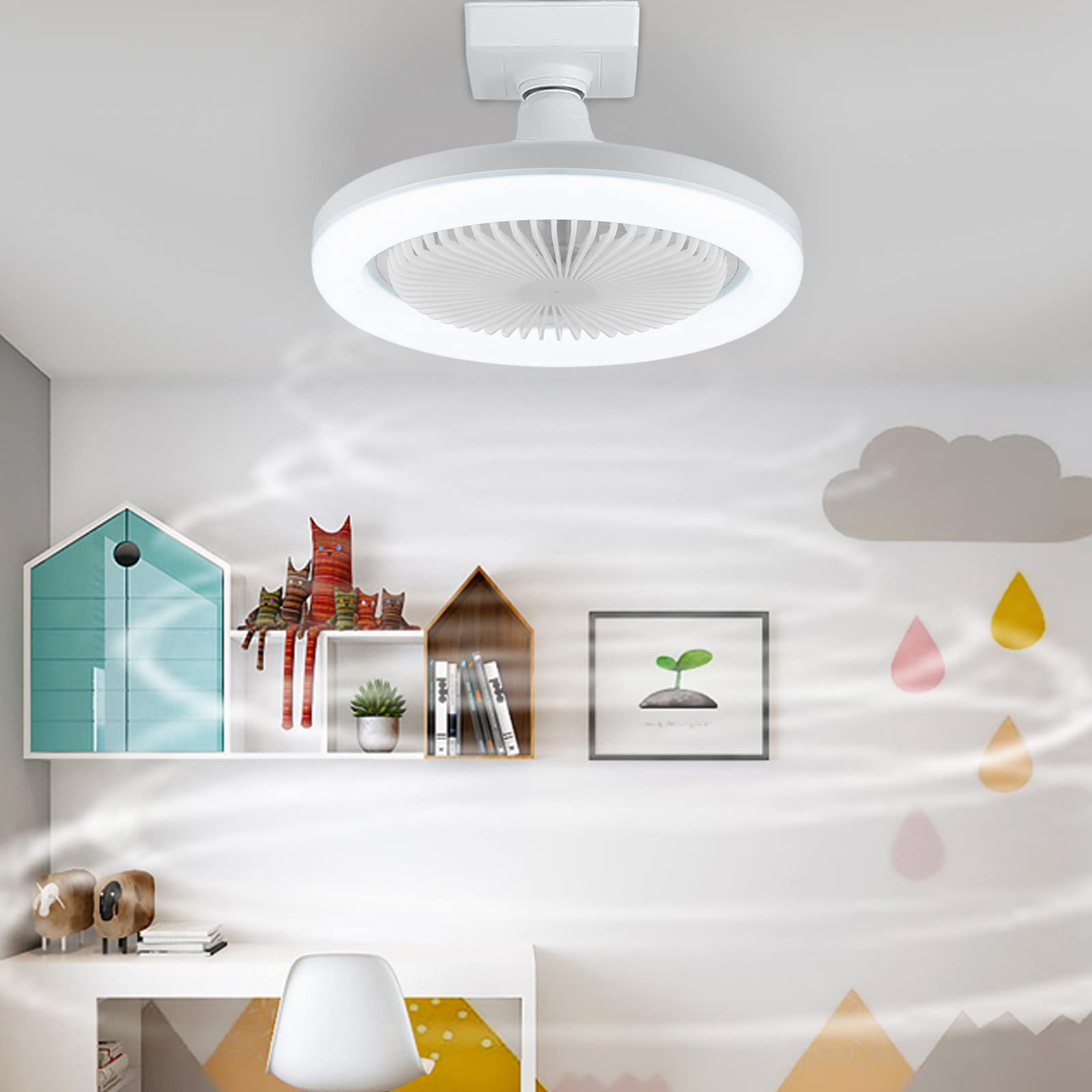 Modern Low Profile Ceiling Fan with LED Lights - 3 Color Dimmable, Hidden Electric Fan Design - White Enclosed Ceiling Fan for Bedroom, Kitchen & Living Room - Energy Efficient Cooling with Ambient Lighting for Home Comfort